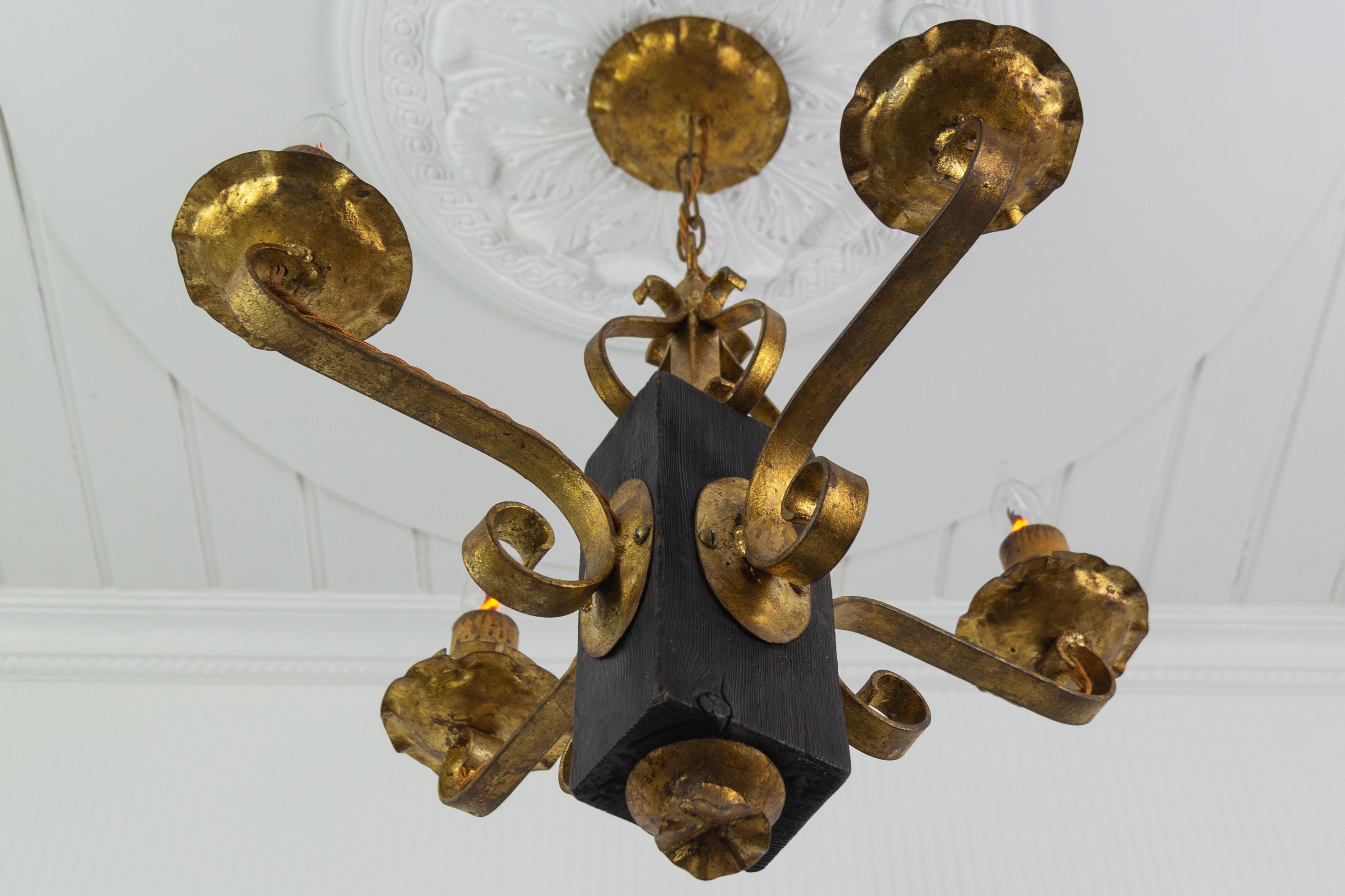 Gothic Style Gilt Wrought Iron and Black Wood Four-Light Chandelier For Sale 2