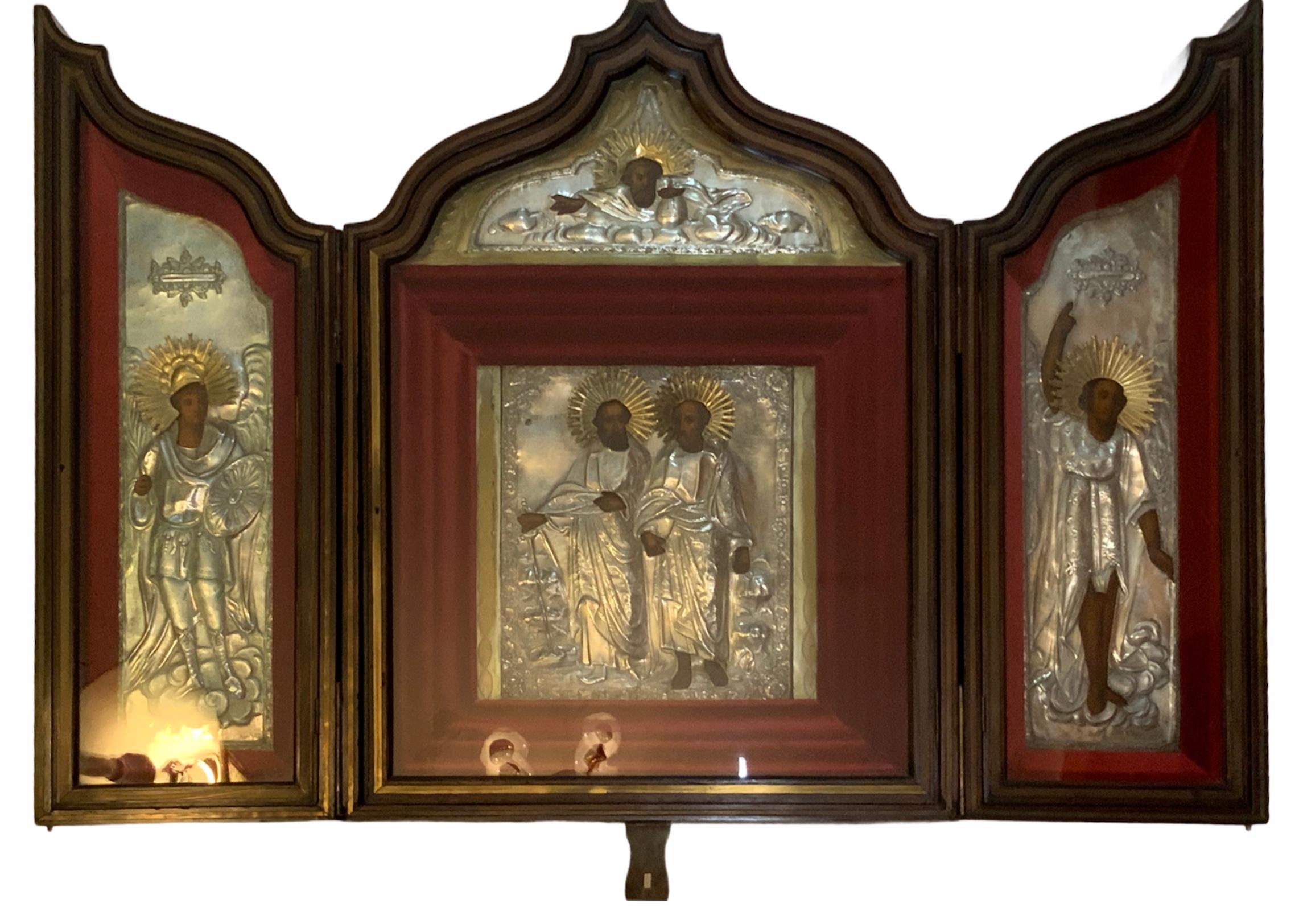Gothic Style Huge Triptych  Shadow Box/Display Of Orthodox Church Silver Icons For Sale 6