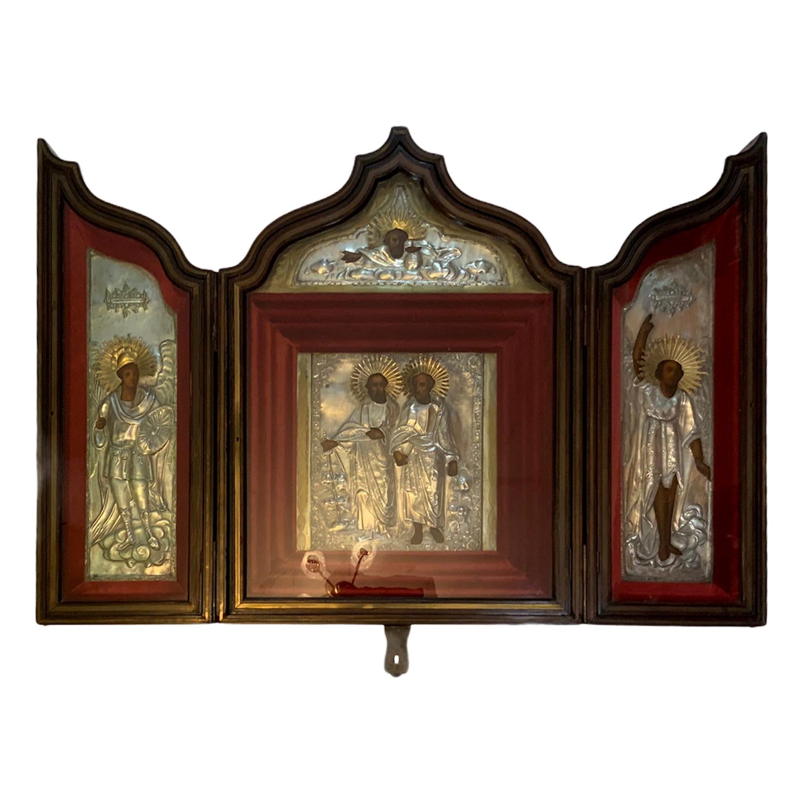 Gothic Style Huge Triptych  Shadow Box/Display Of Orthodox Church Silver Icons