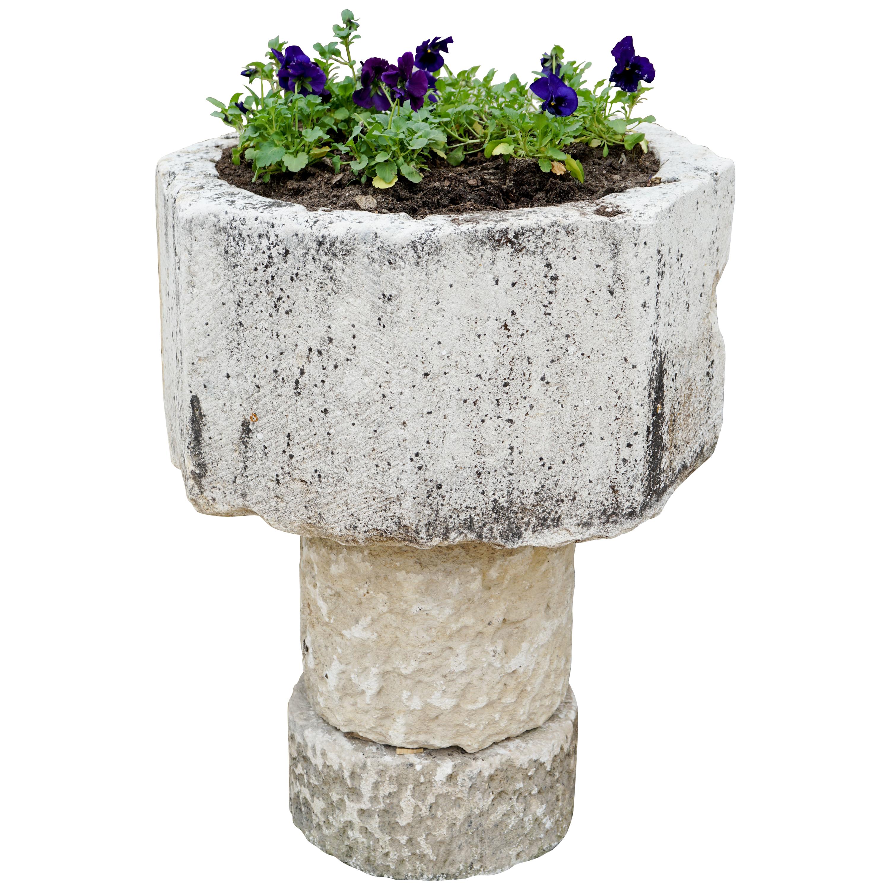 Gothic Style Limestone Baptismal Font with Base