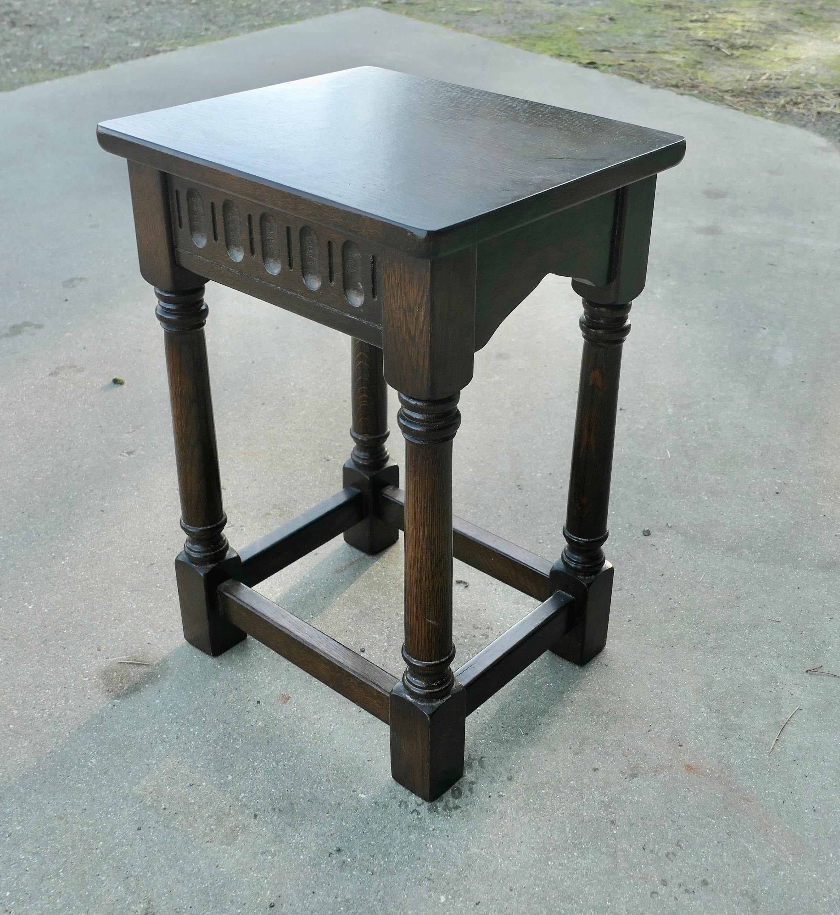 Gothic Style Oak Occasional Table 

This a good sturdy little table or plant stand in the gothic style with turned legs and linen fold carved apron
This is a good solid piece, with a good colour
The stool is 19” high, 13” wide and 11” deep
ZX654