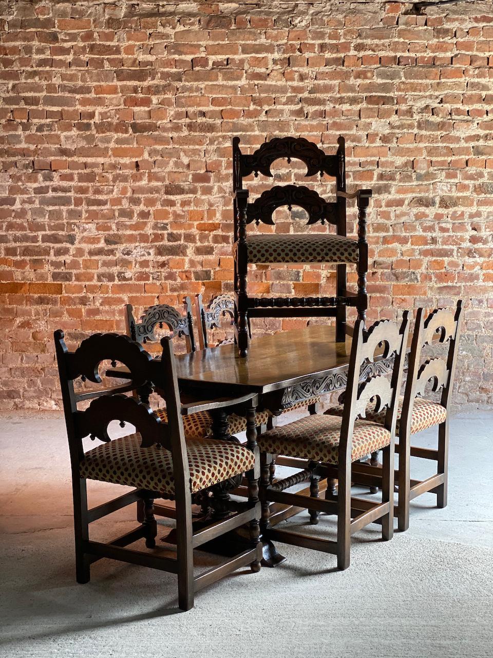 Gothic Style Oak Refectory Table and Six Chairs Set of 1 8