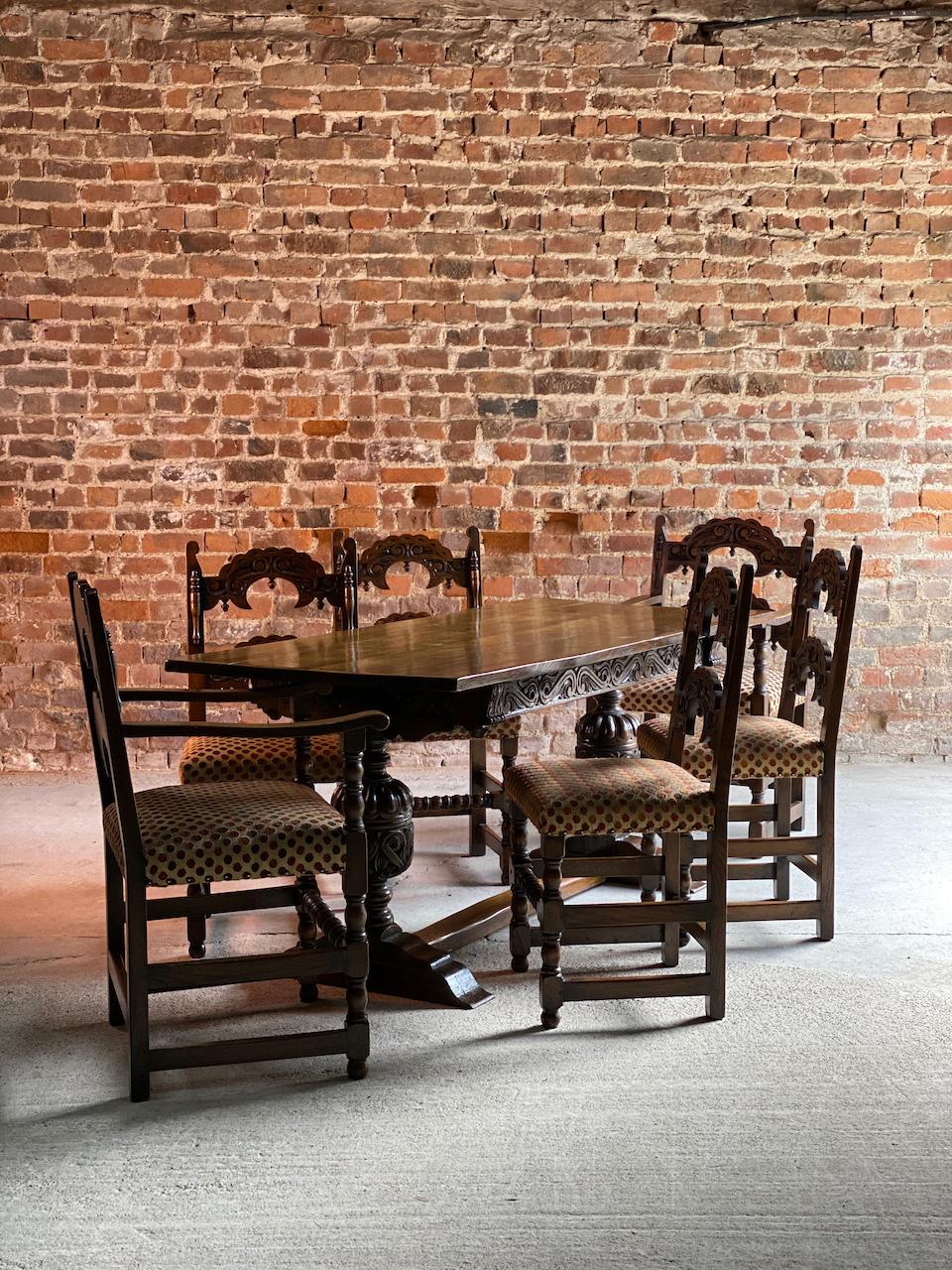 Gothic Style Oak Refectory Table and Six Chairs Set of 1 2