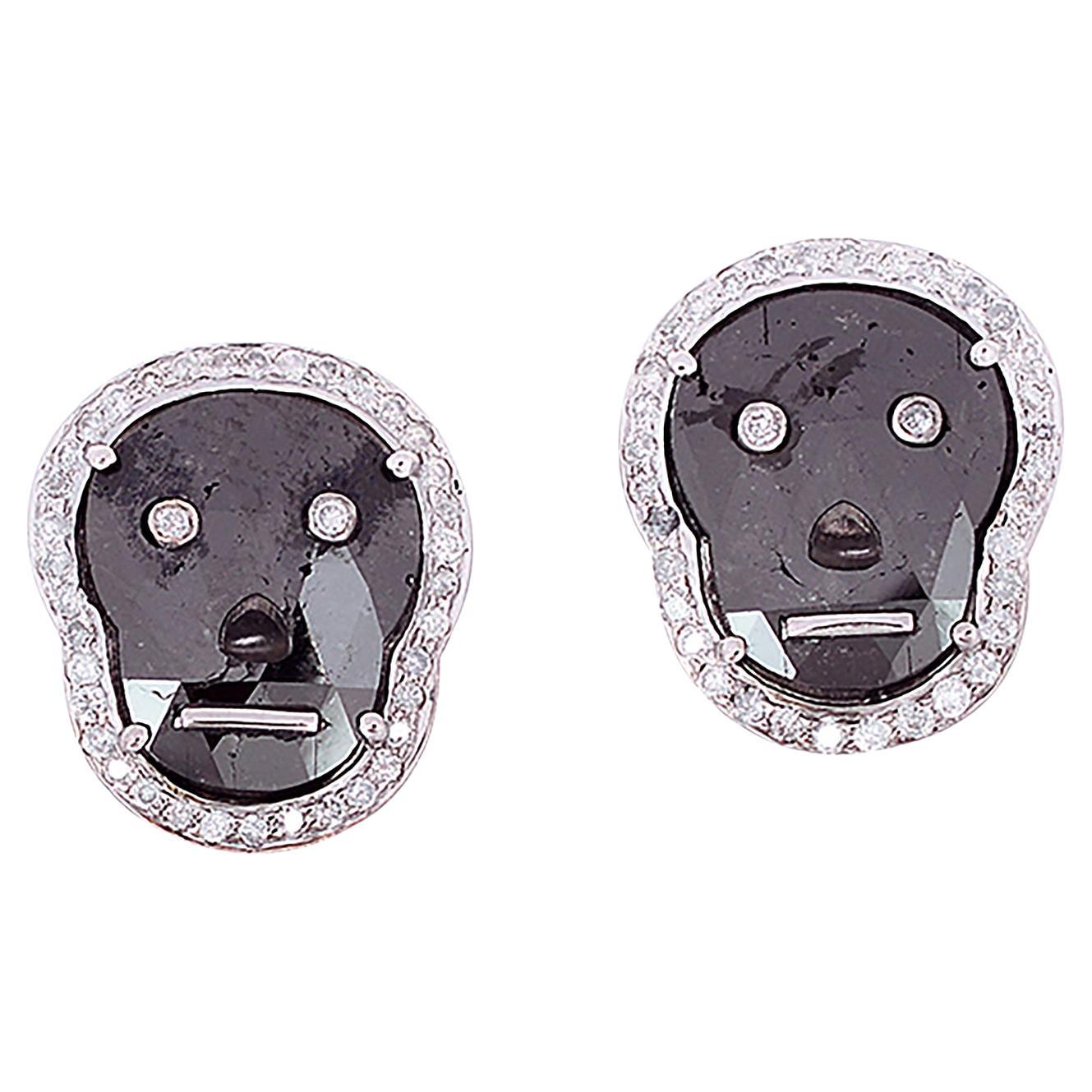 Gothic Style Rose-Cut Black Diamond Skull Studs in 18K White Gold For Sale