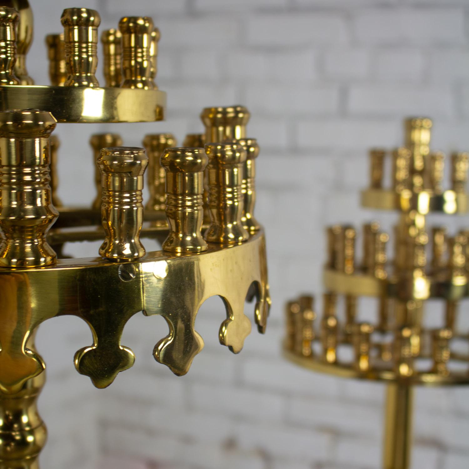 Gothic Style Solid Brass Tiered Floor Standing Candelabra Tripod Bases a Pair For Sale 5