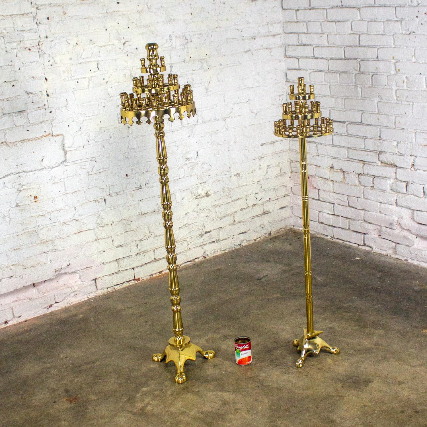 Gothic Style Solid Brass Tiered Floor Standing Candelabra Tripod Bases a Pair For Sale 6