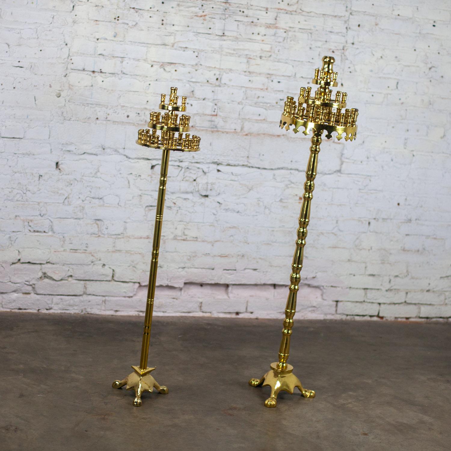 Gothic Style Solid Brass Tiered Floor Standing Candelabra Tripod Bases a Pair For Sale 9