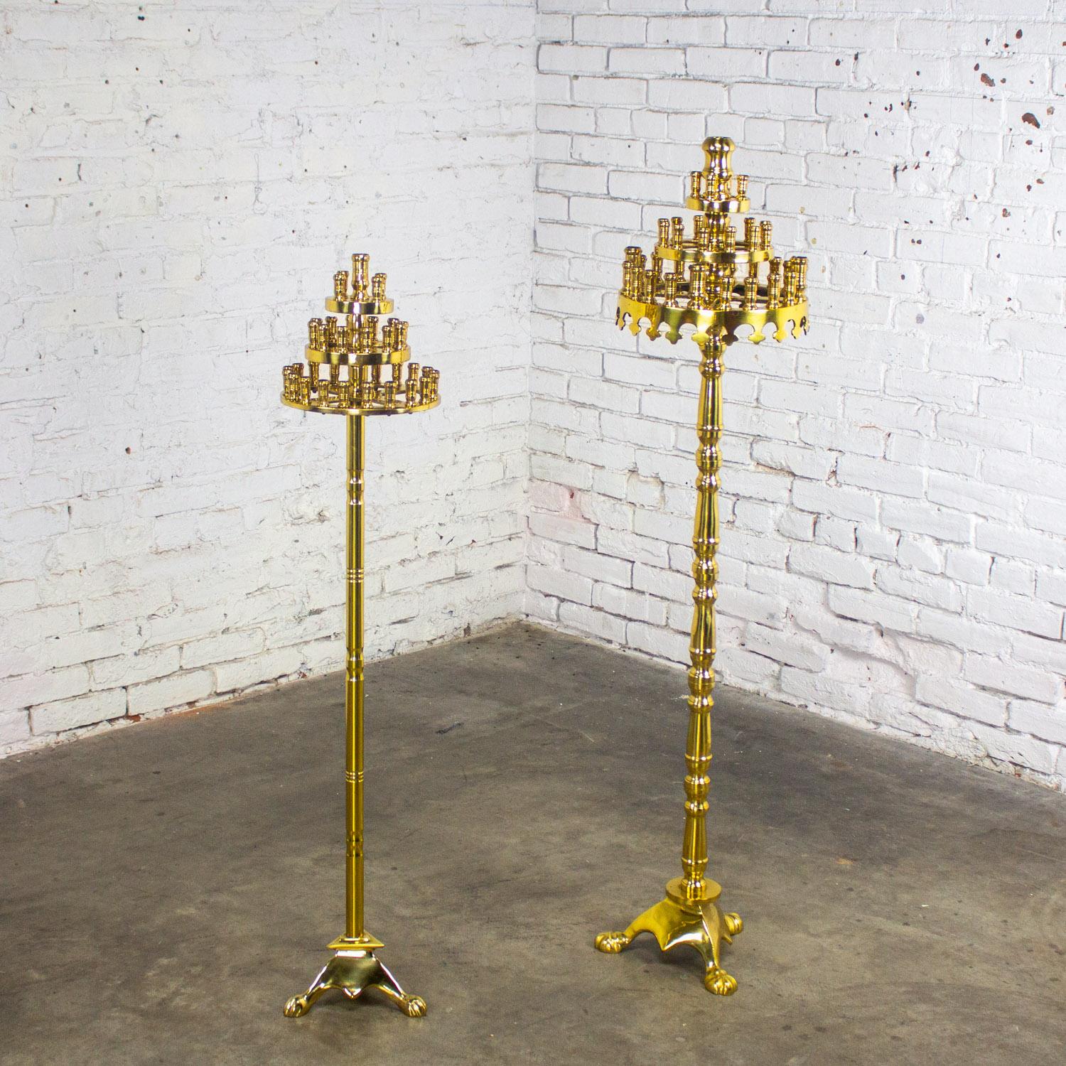 Unknown Gothic Style Solid Brass Tiered Floor Standing Candelabra Tripod Bases a Pair For Sale