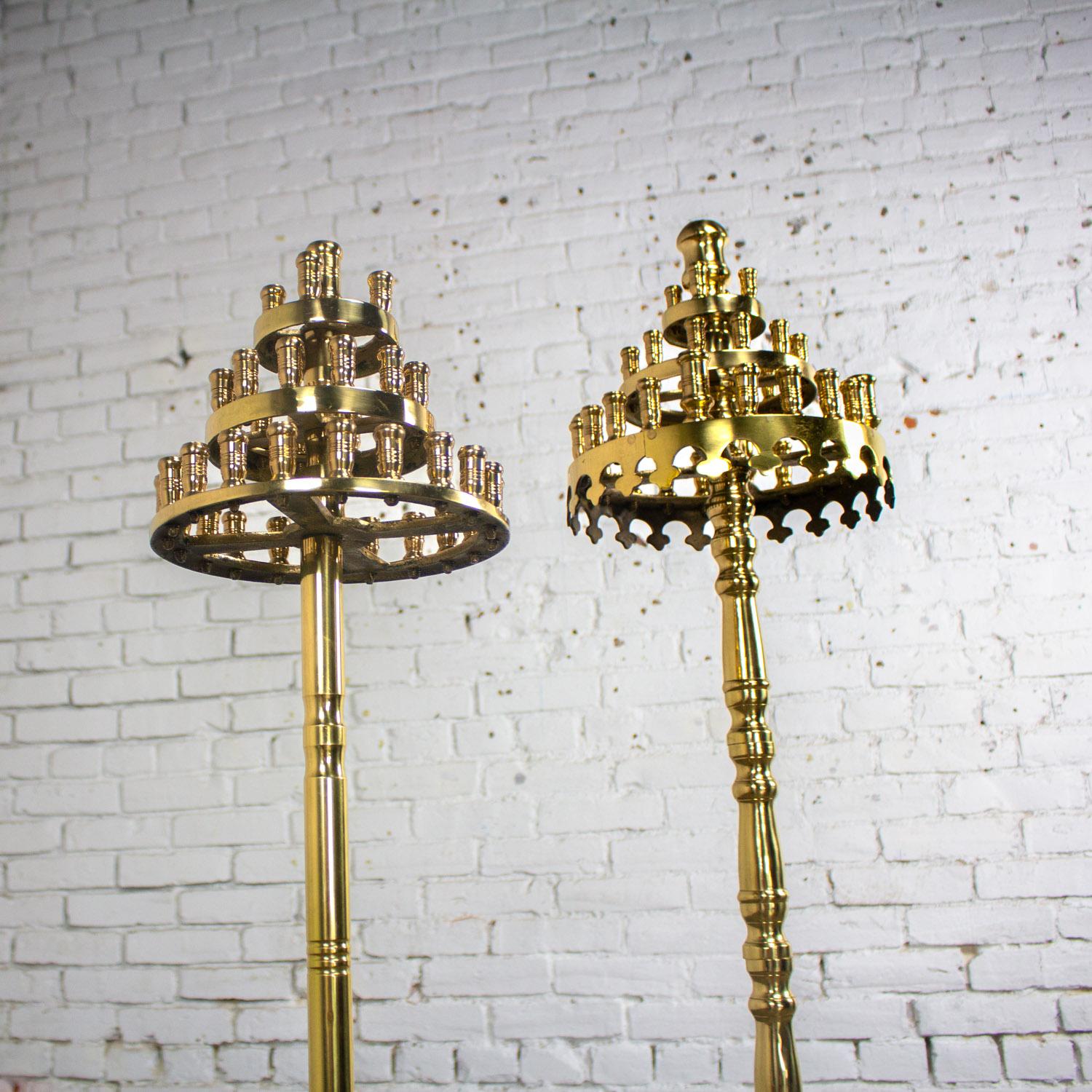 Cast Gothic Style Solid Brass Tiered Floor Standing Candelabra Tripod Bases a Pair For Sale