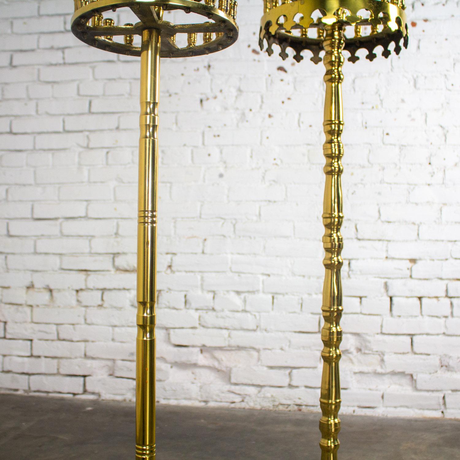 Gothic Style Solid Brass Tiered Floor Standing Candelabra Tripod Bases a Pair In Good Condition For Sale In Topeka, KS