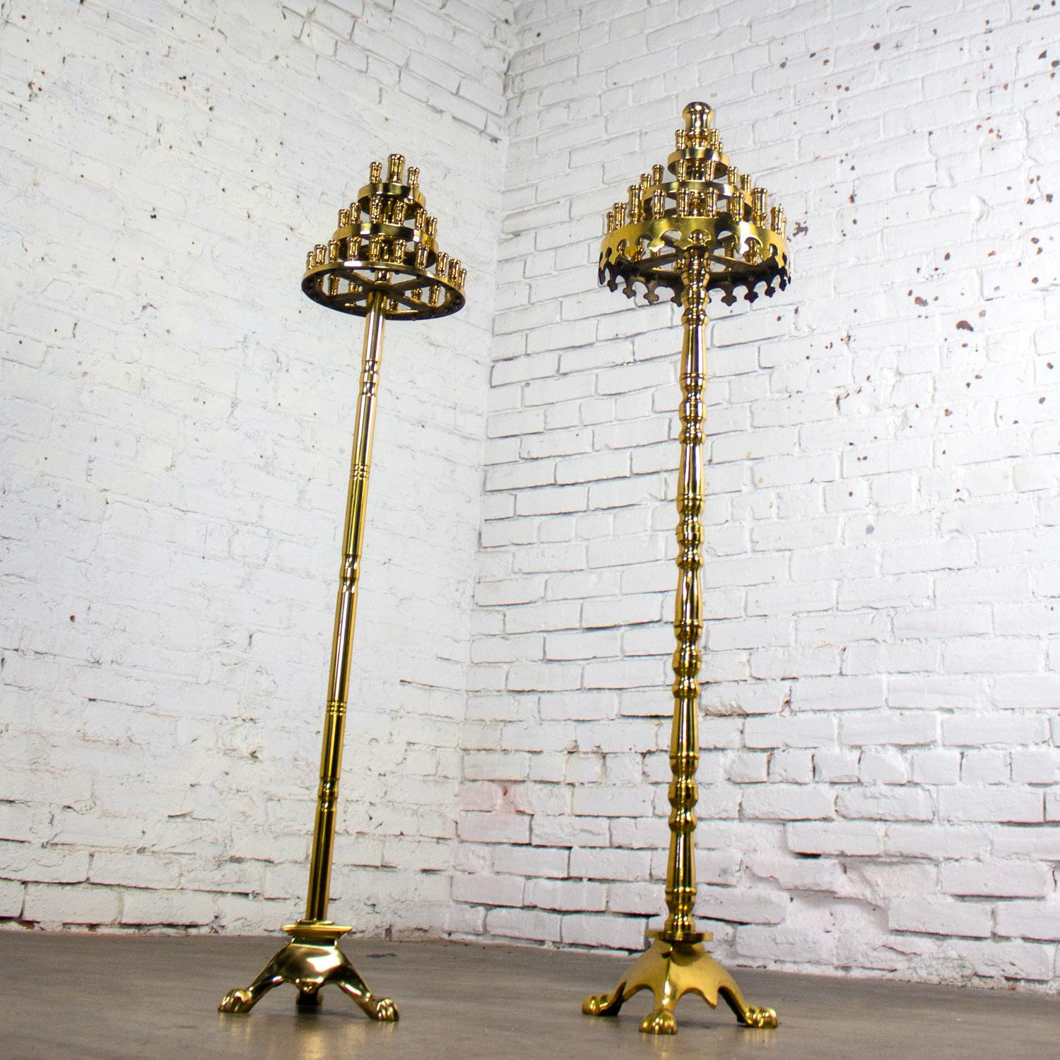 20th Century Gothic Style Solid Brass Tiered Floor Standing Candelabra Tripod Bases a Pair For Sale