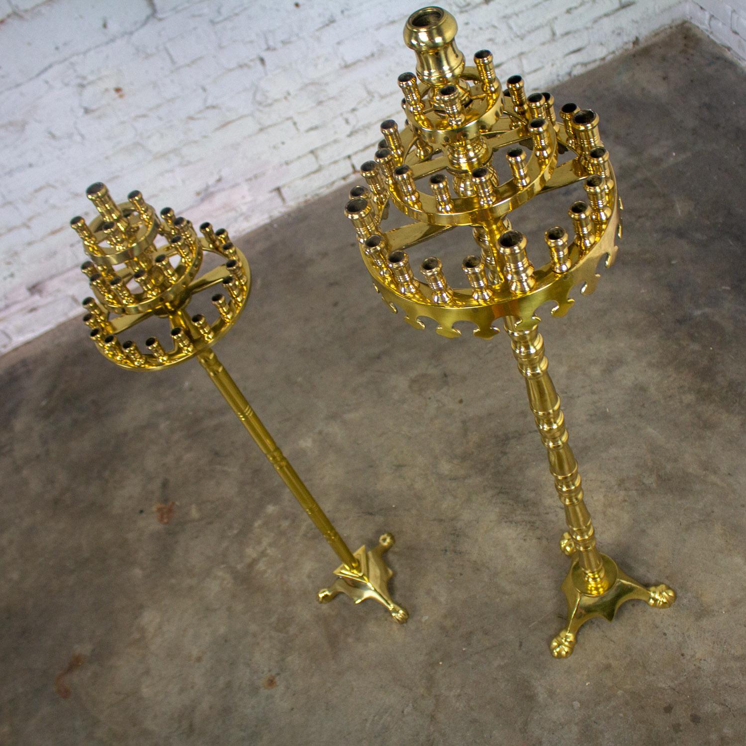 Gothic Style Solid Brass Tiered Floor Standing Candelabra Tripod Bases a Pair For Sale 1