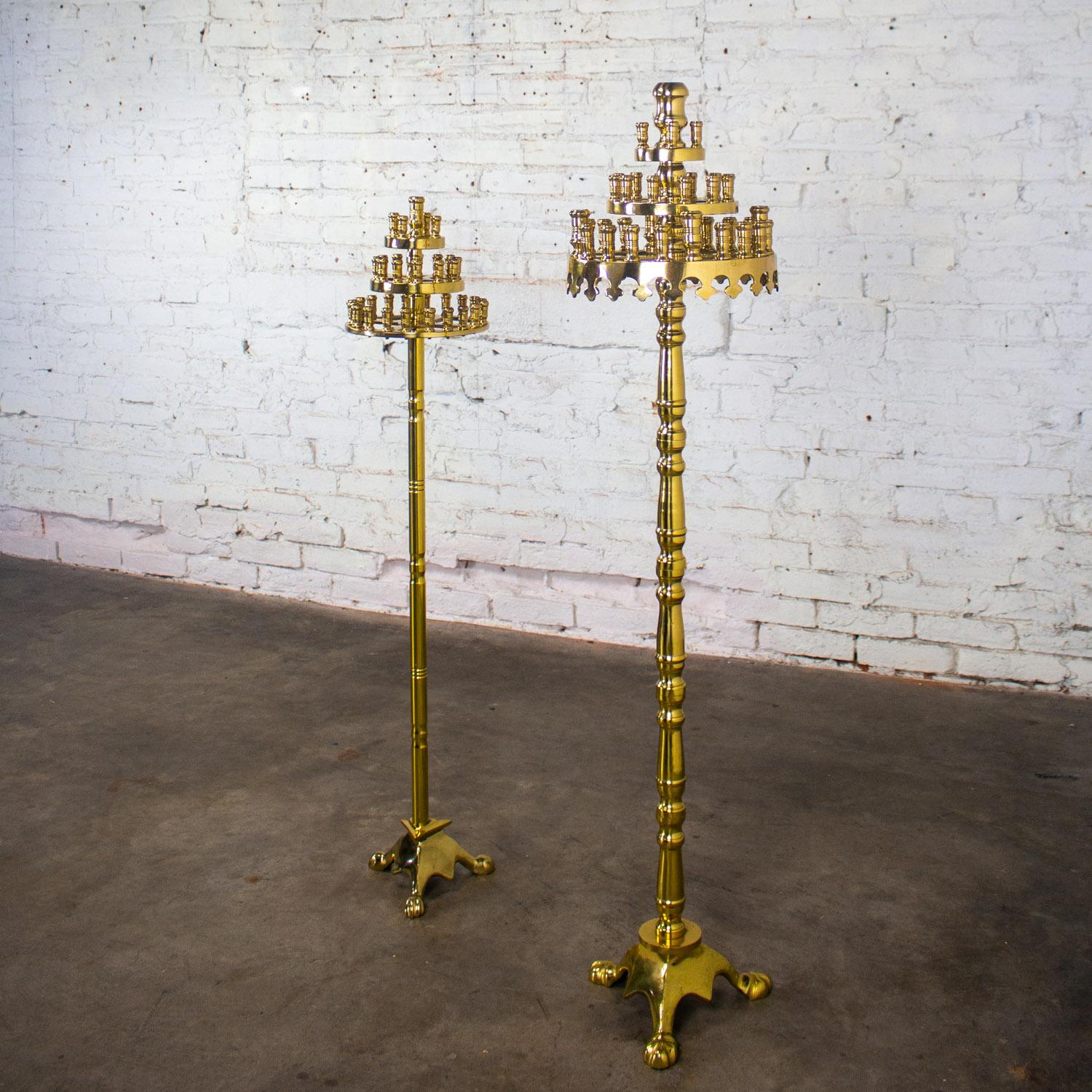 Gothic Style Solid Brass Tiered Floor Standing Candelabra Tripod Bases a Pair For Sale 2
