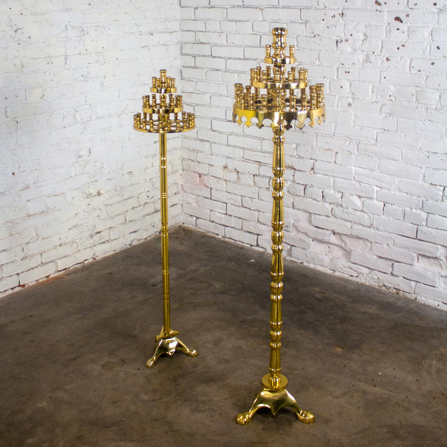 Gothic Style Solid Brass Tiered Floor Standing Candelabra Tripod Bases a Pair For Sale 3
