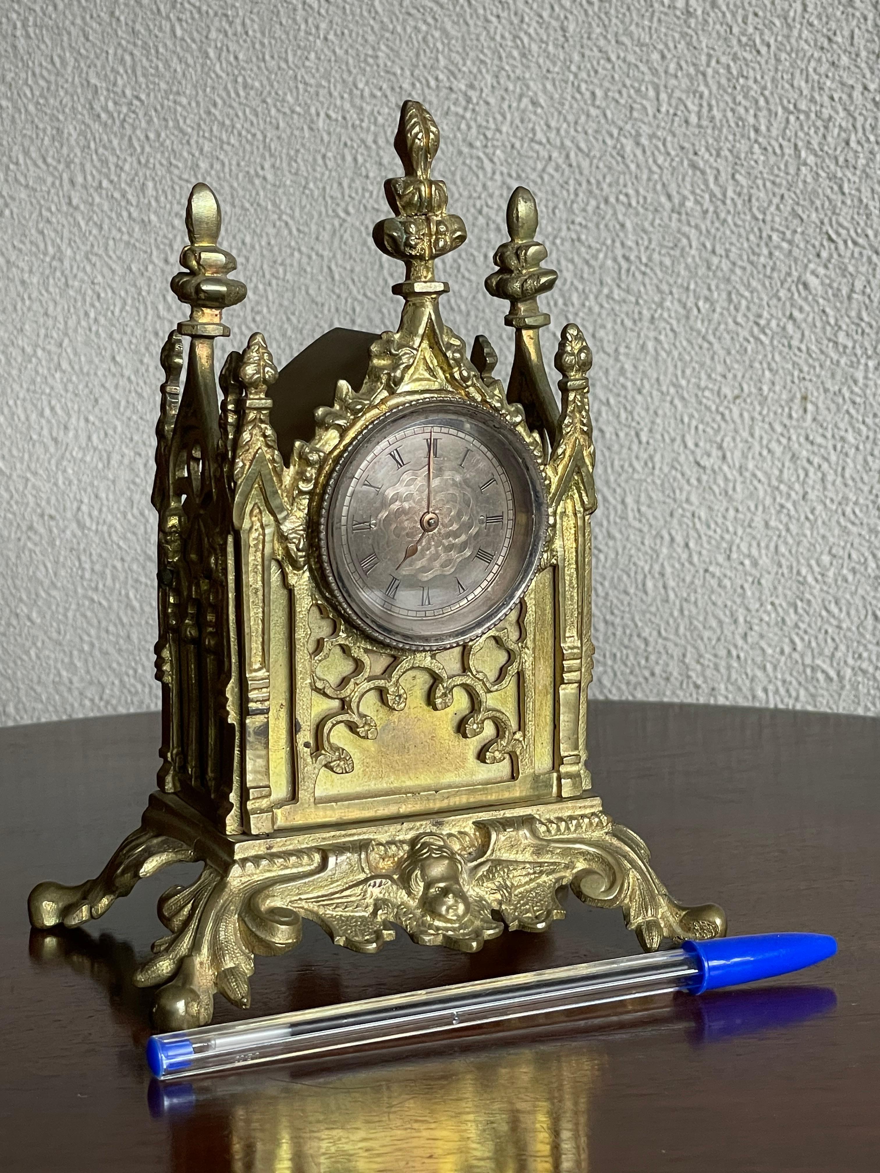 Glass Gothic Table Clock w. Stunning Antique Pocket Watch Made of Gilt Bronze or Gold For Sale