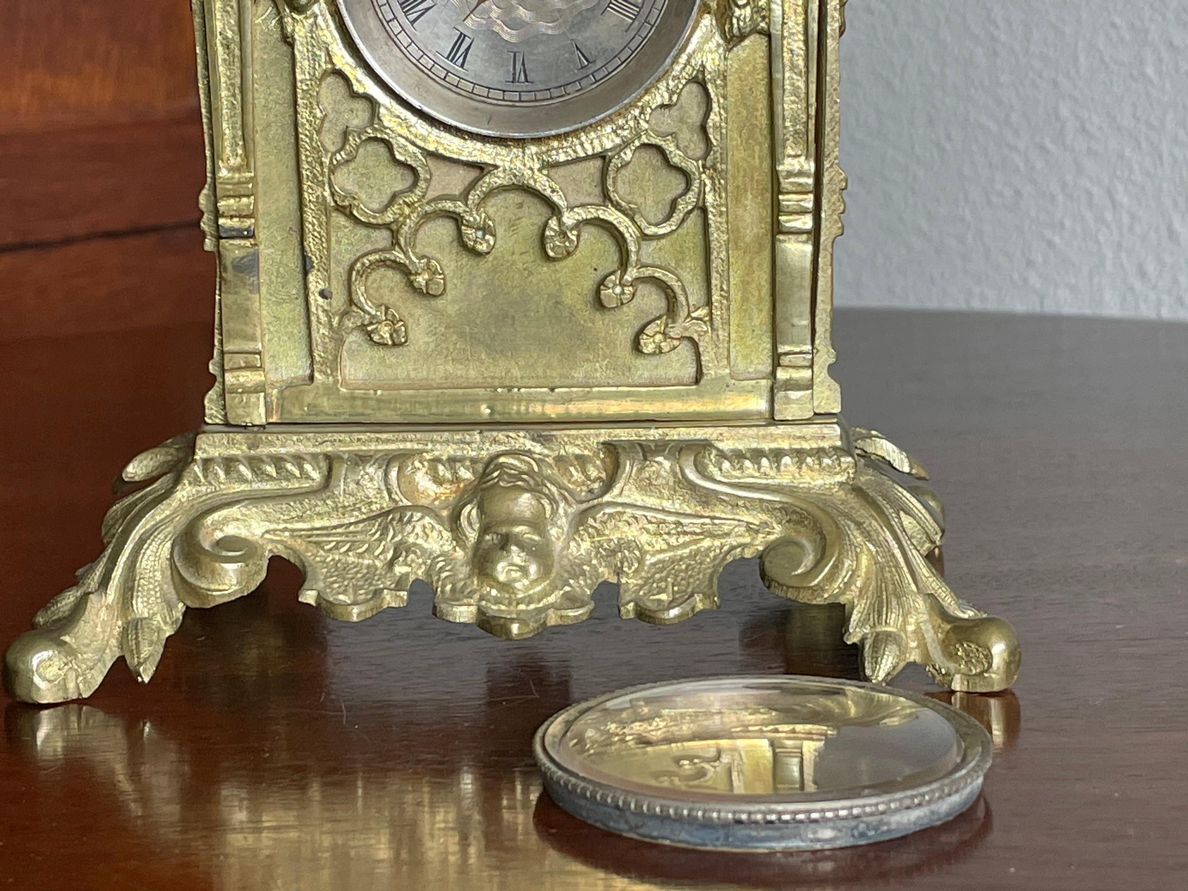 Gothic Table Clock w. Stunning Antique Pocket Watch Made of Gilt Bronze or Gold For Sale 3