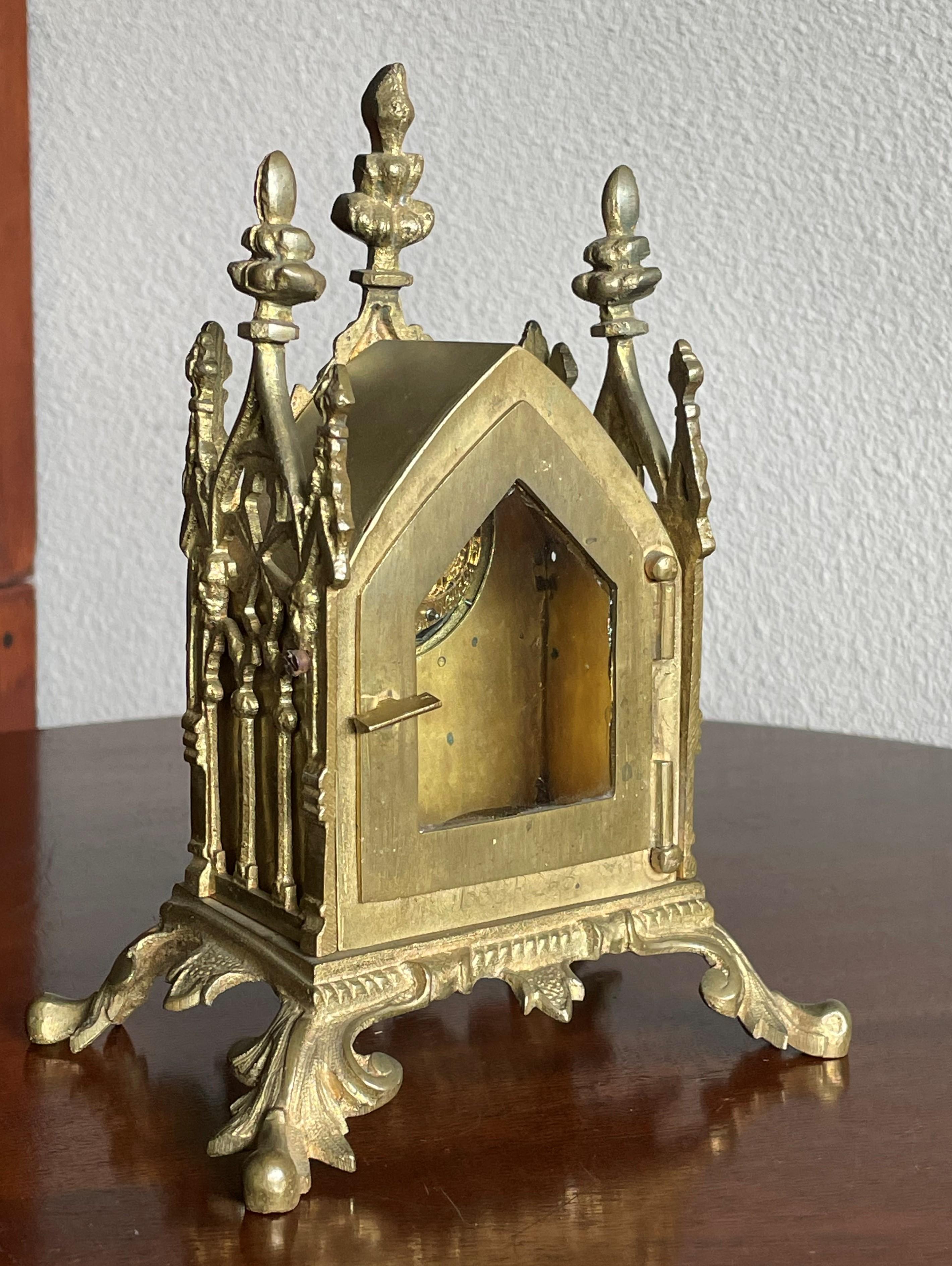 Gothic Table Clock w. Stunning Antique Pocket Watch Made of Gilt Bronze or Gold For Sale 5