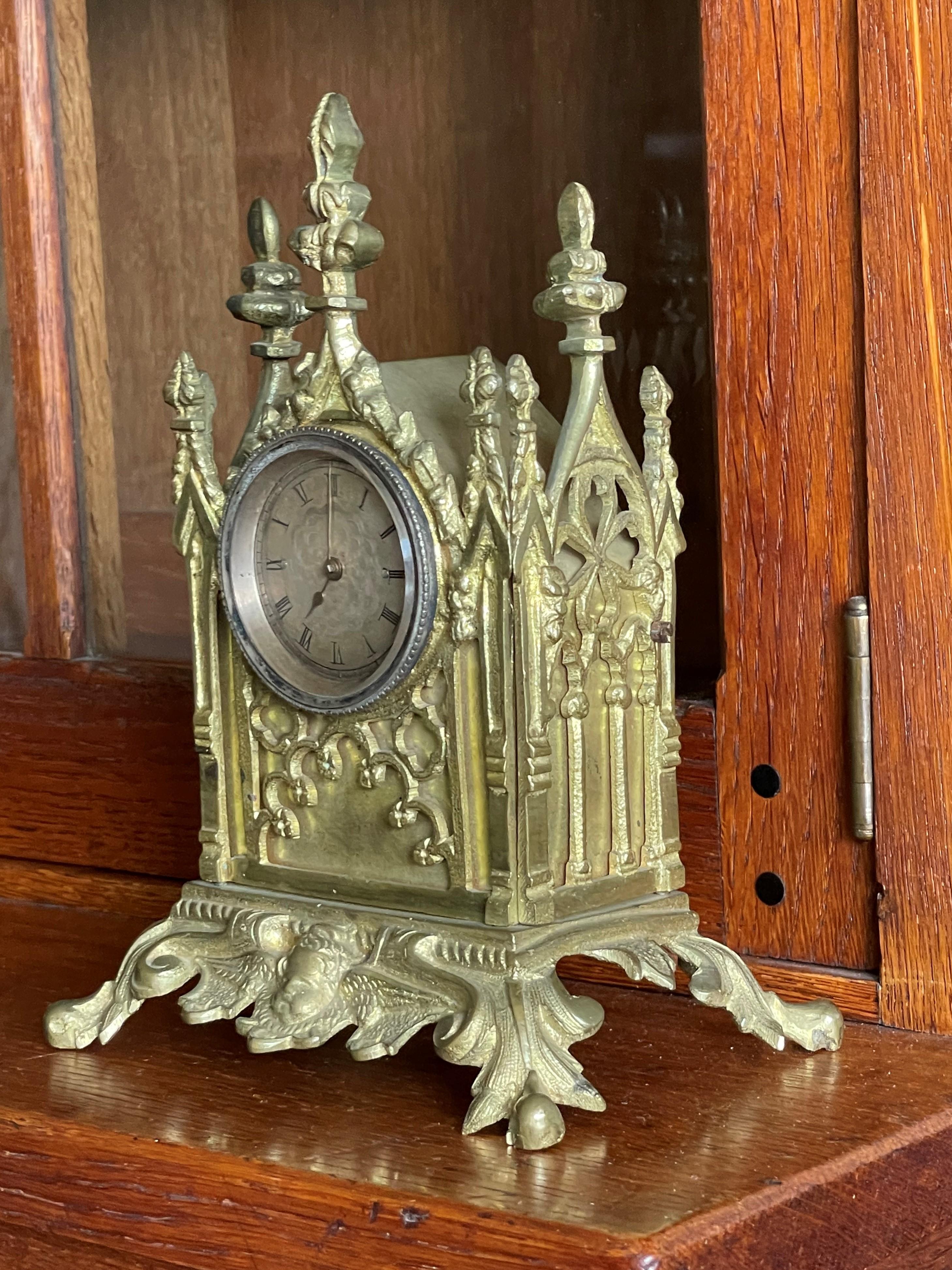 Gothic Table Clock w. Stunning Antique Pocket Watch Made of Gilt Bronze or Gold For Sale 7