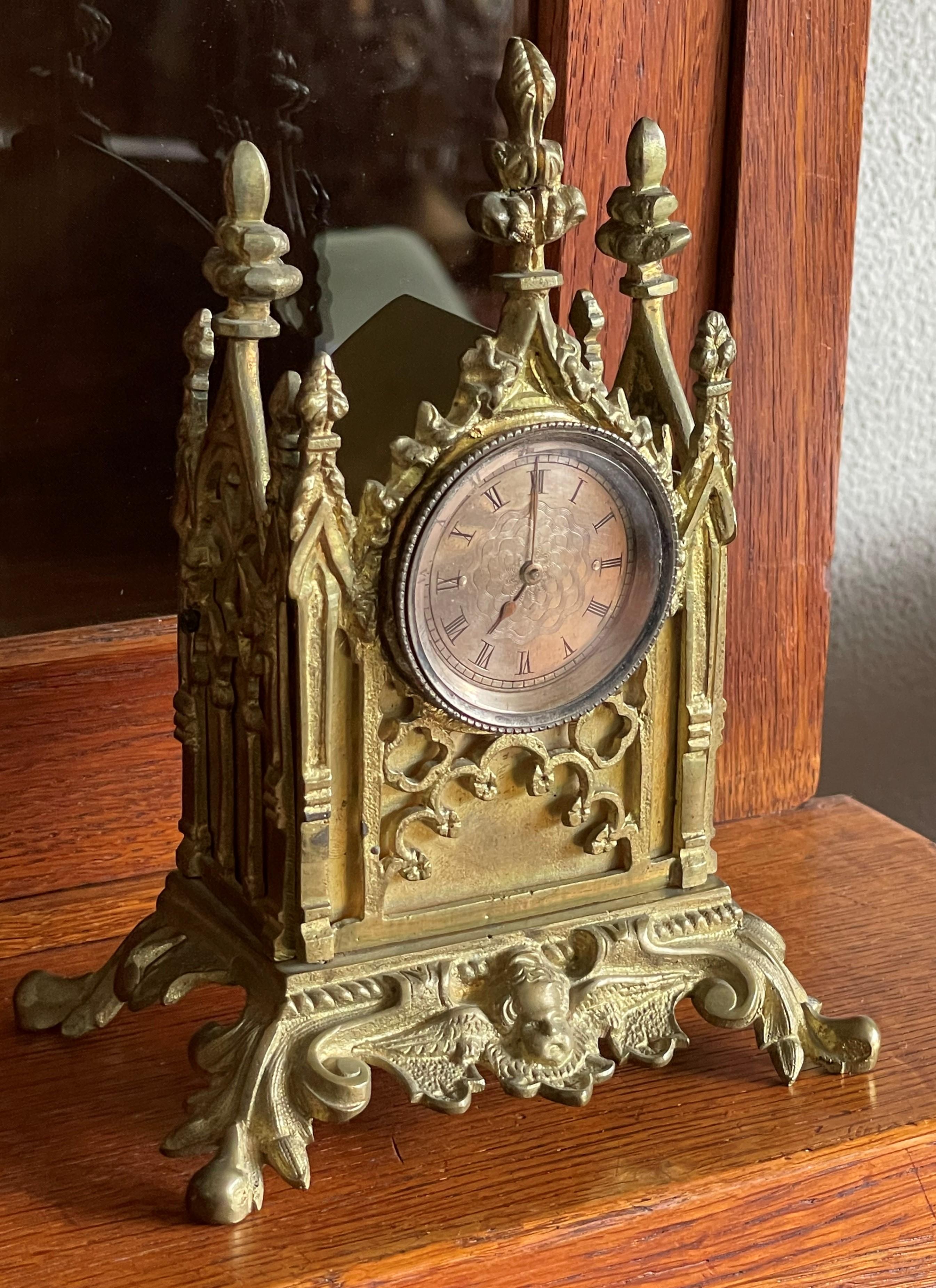 Gothic Table Clock w. Stunning Antique Pocket Watch Made of Gilt Bronze or Gold For Sale 8