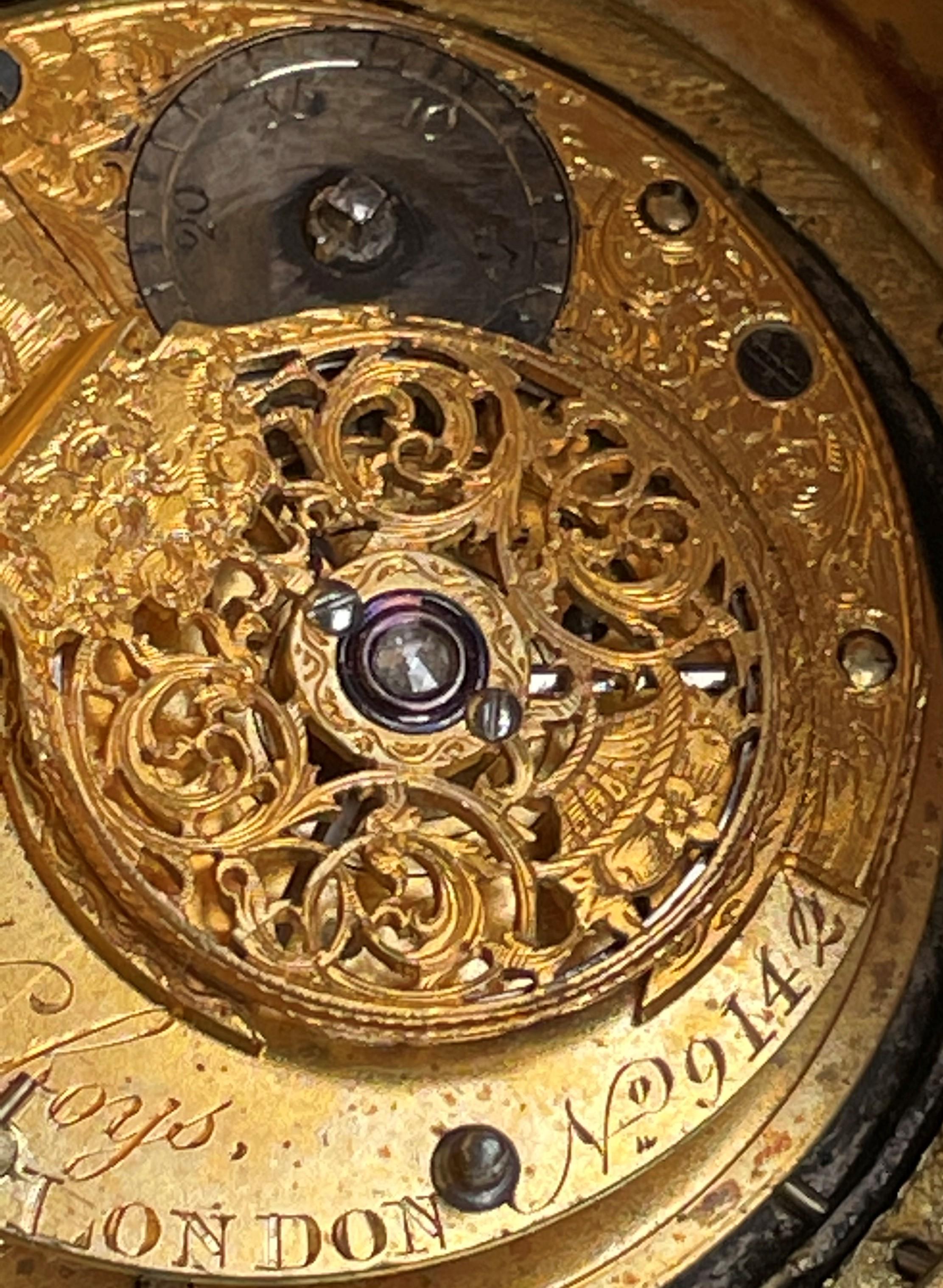 British Gothic Table Clock w. Stunning Antique Pocket Watch Made of Gilt Bronze or Gold For Sale