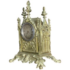 Gothic Table Clock w. Stunning Antique Pocket Watch Made of Gilt Bronze or Gold