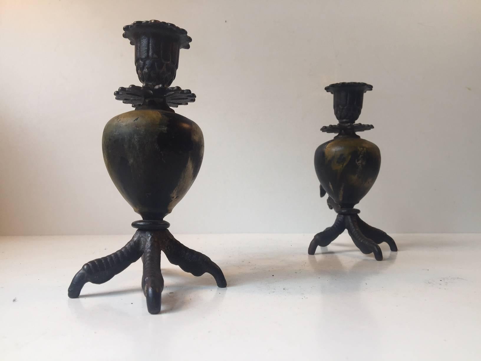 Wrought Iron Gothic Talon, Rooster Claw Chamber Candlesticks, Early 20th Century For Sale