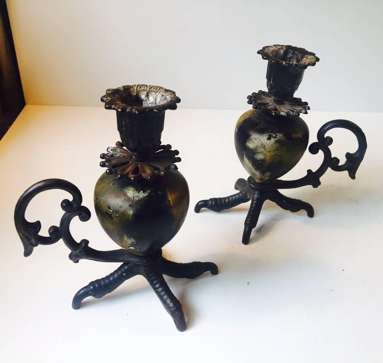 European Gothic Talon, Rooster Claw Chamber Candlesticks, Early 20th Century For Sale