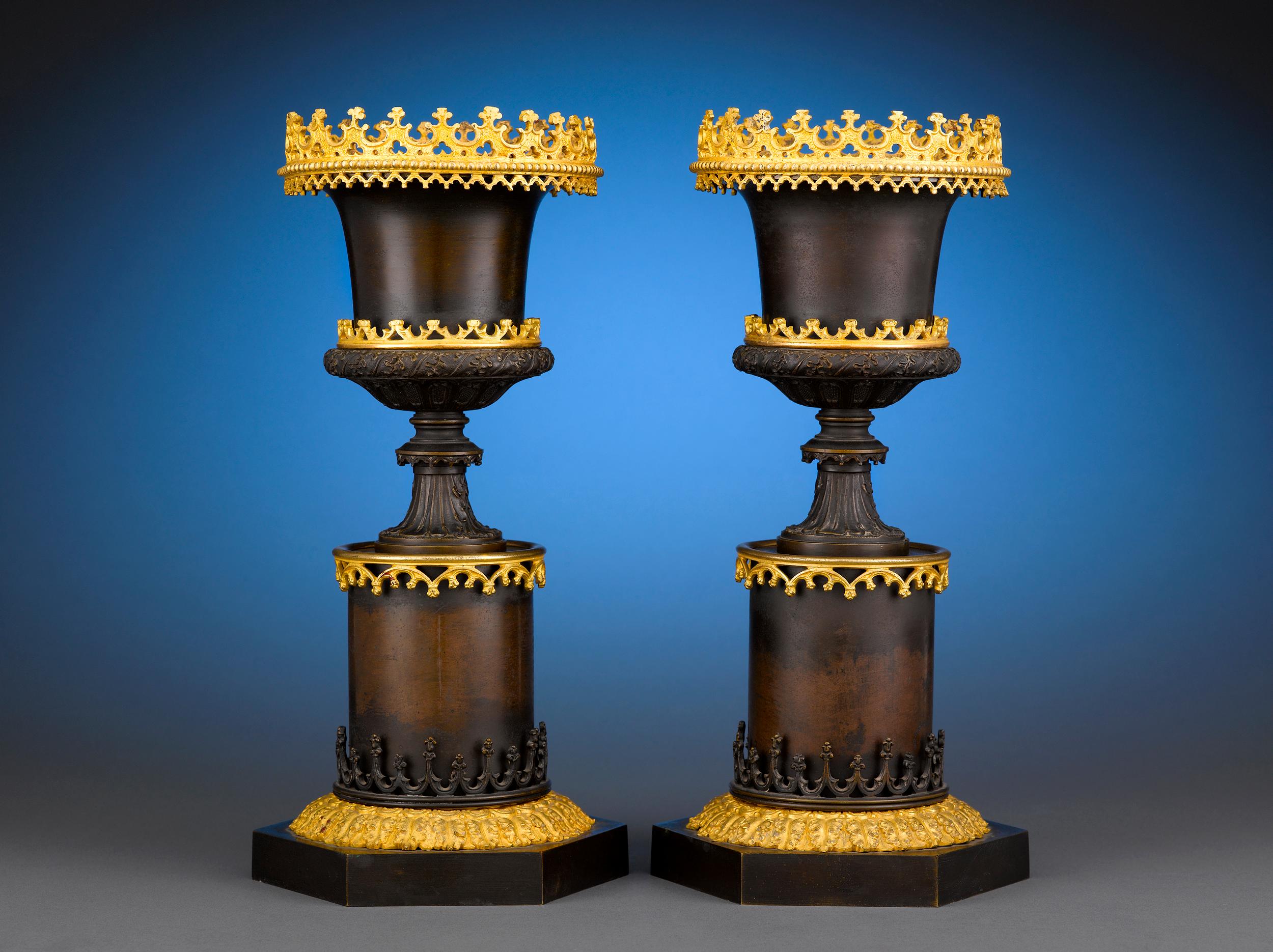 Gothic Two-Color Bronze Urns In Excellent Condition In New Orleans, LA