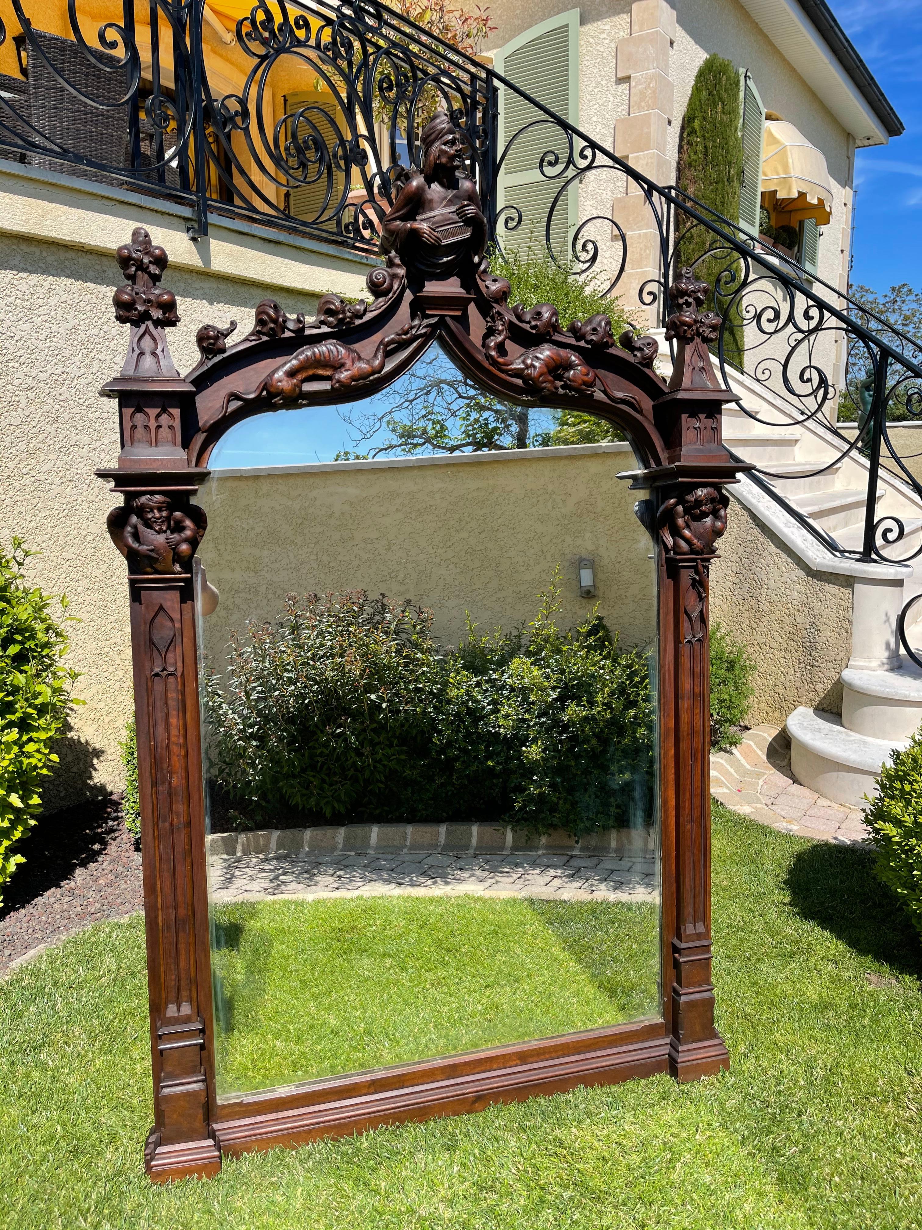 Gothic Walnut Carved Mirror, 19th Century For Sale 5