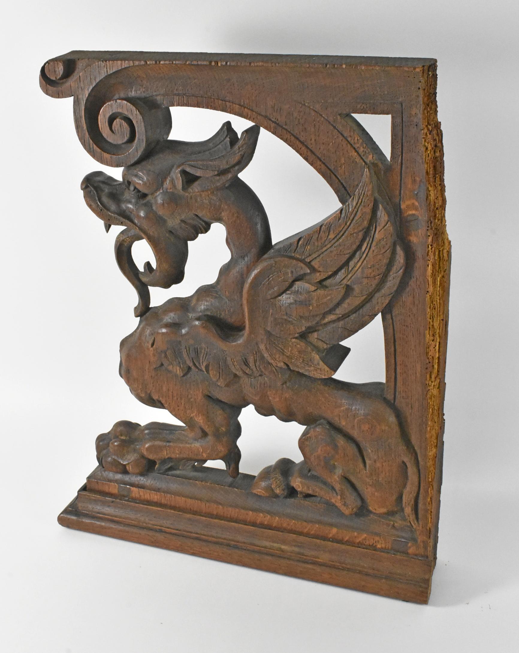 Gothic Winged Griffin Architectural Fragment in Oak In Fair Condition For Sale In Toledo, OH