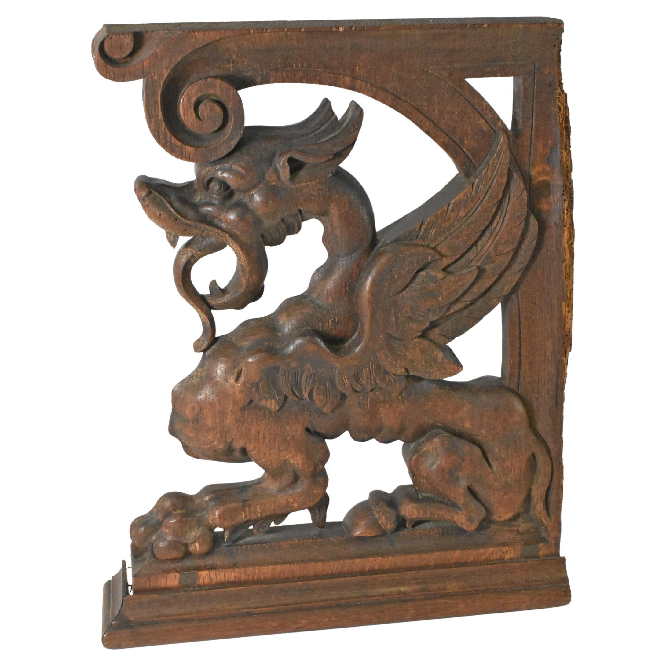 Gothic Winged Griffin Architectural Fragment in Oak For Sale