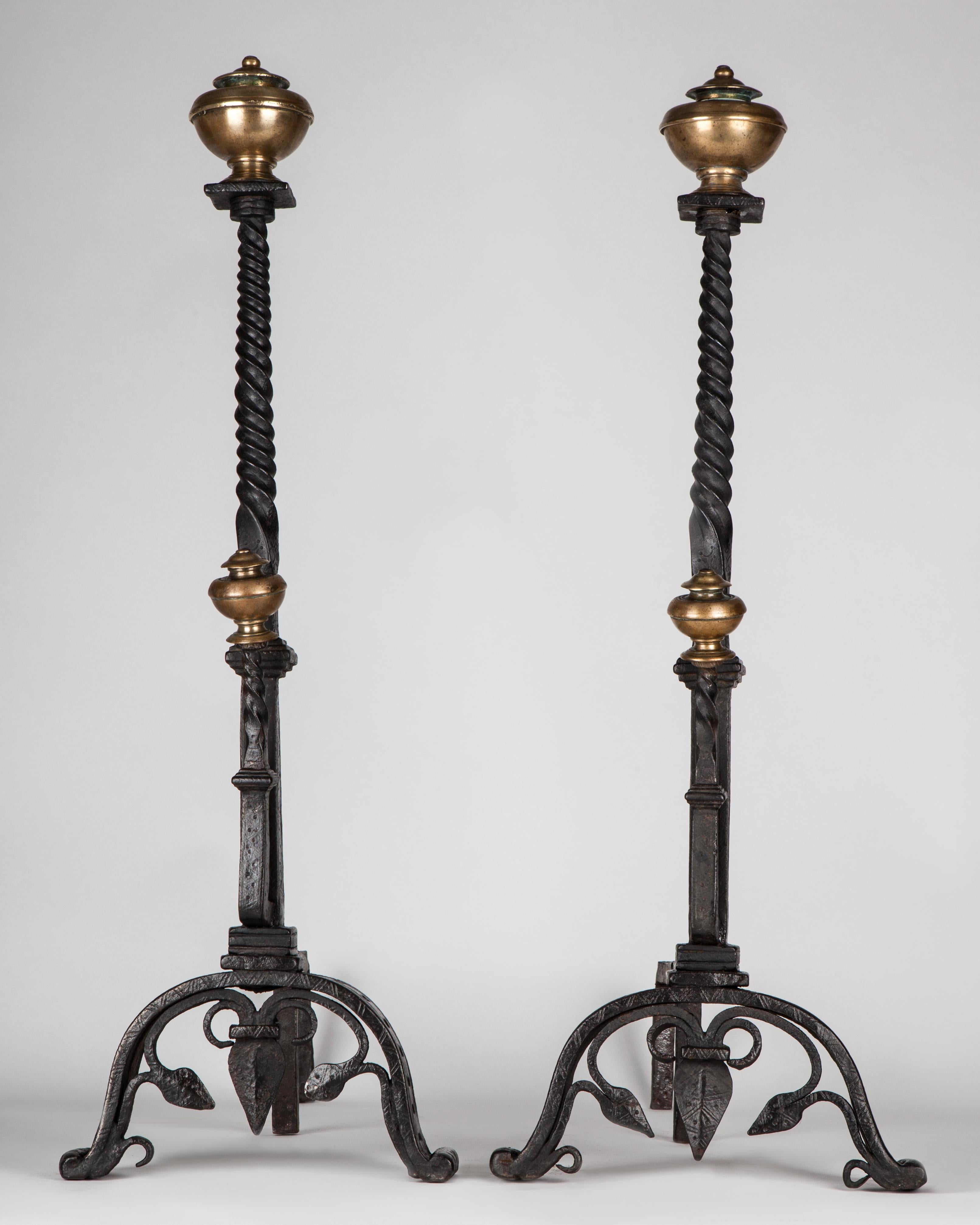 Gothic Wrought Iron Andirons with Forged Scrolled Feet and Brass Finials, 1920s In Good Condition For Sale In New York, NY