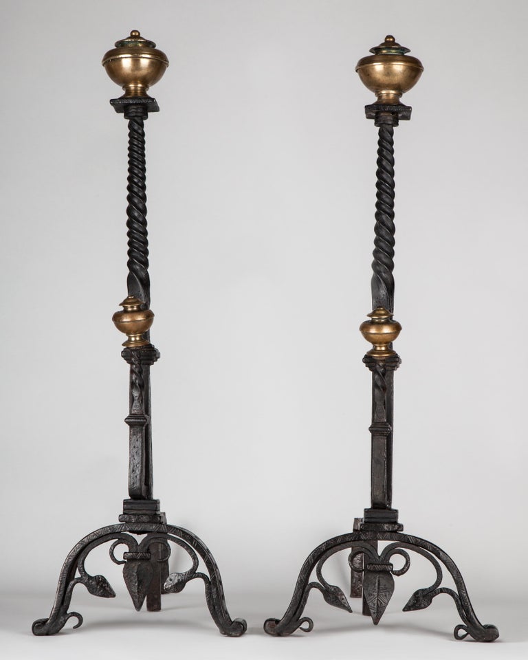 Gothic Wrought Iron and Brass Finial Andirons, circa 1920 For Sale at