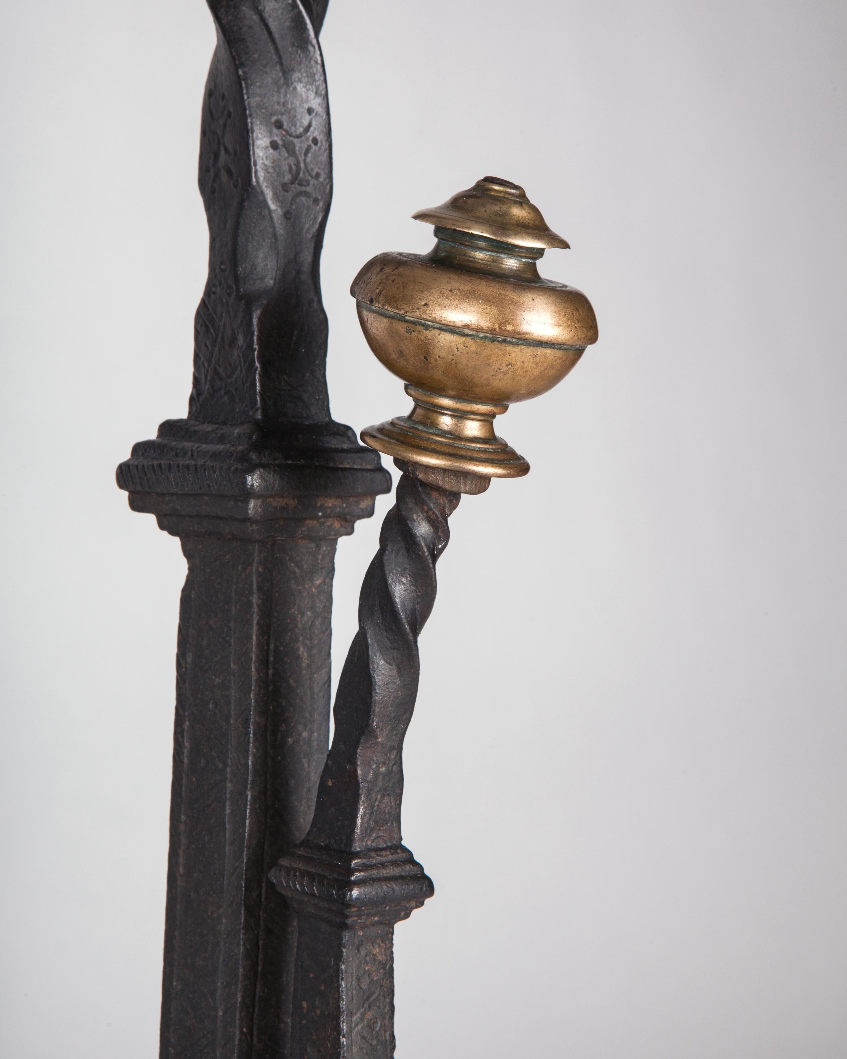 Gothic Wrought Iron Andirons with Forged Scrolled Feet and Brass Finials, 1920s For Sale 1