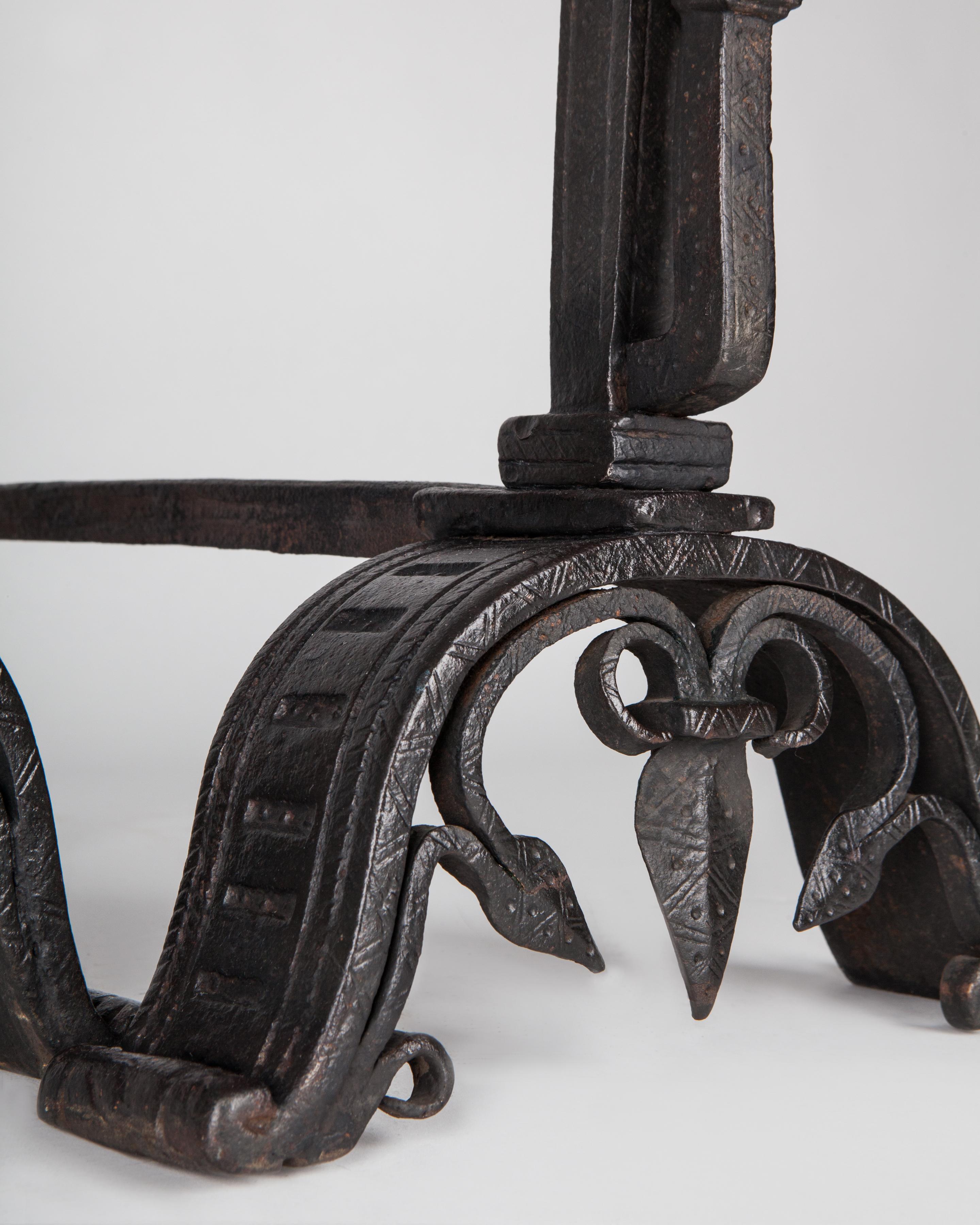 Gothic Wrought Iron Andirons with Forged Scrolled Feet and Brass Finials, 1920s For Sale 2