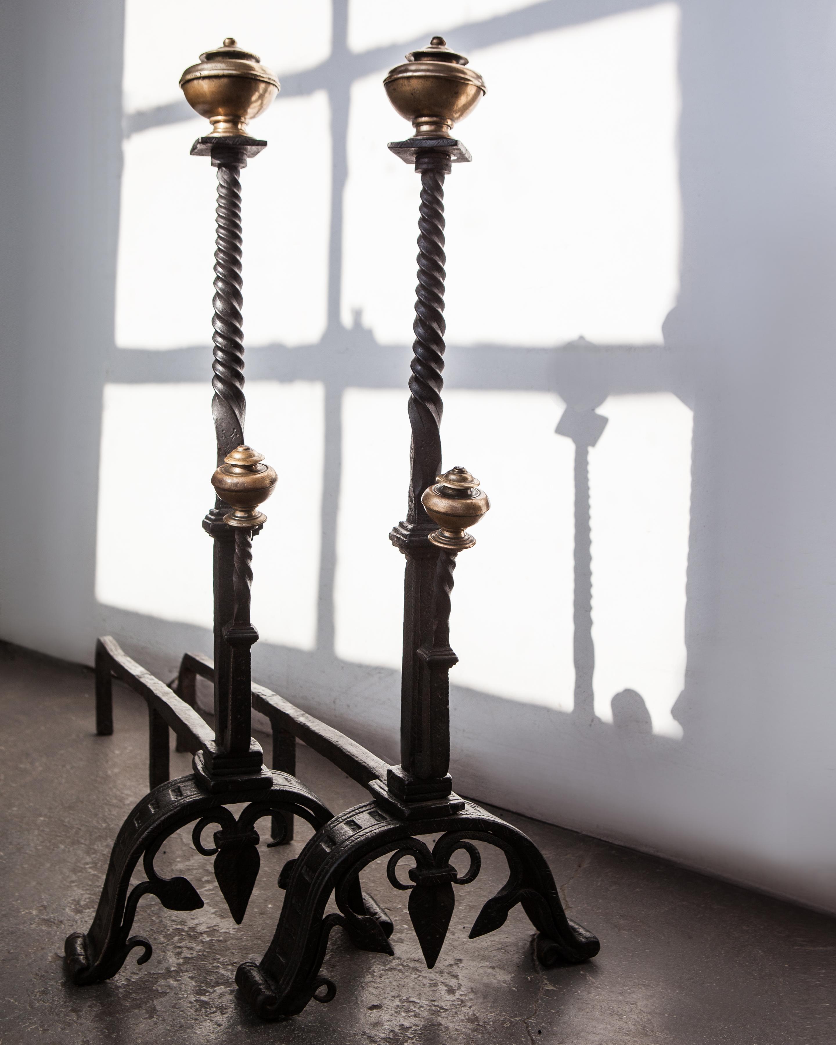 Gothic Wrought Iron Andirons with Forged Scrolled Feet and Brass Finials, 1920s For Sale 3