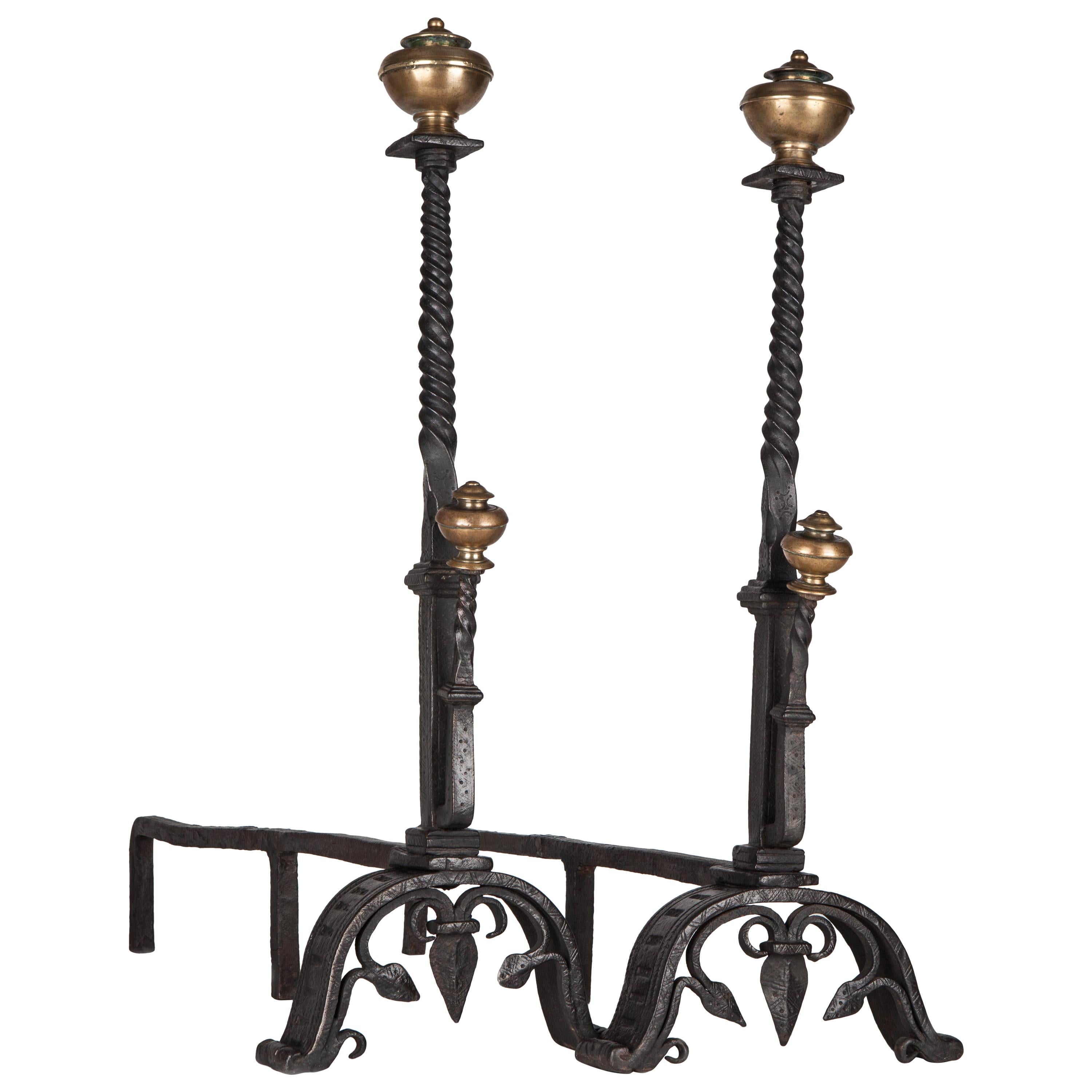 Gothic Wrought Iron Andirons with Forged Scrolled Feet and Brass Finials, 1920s