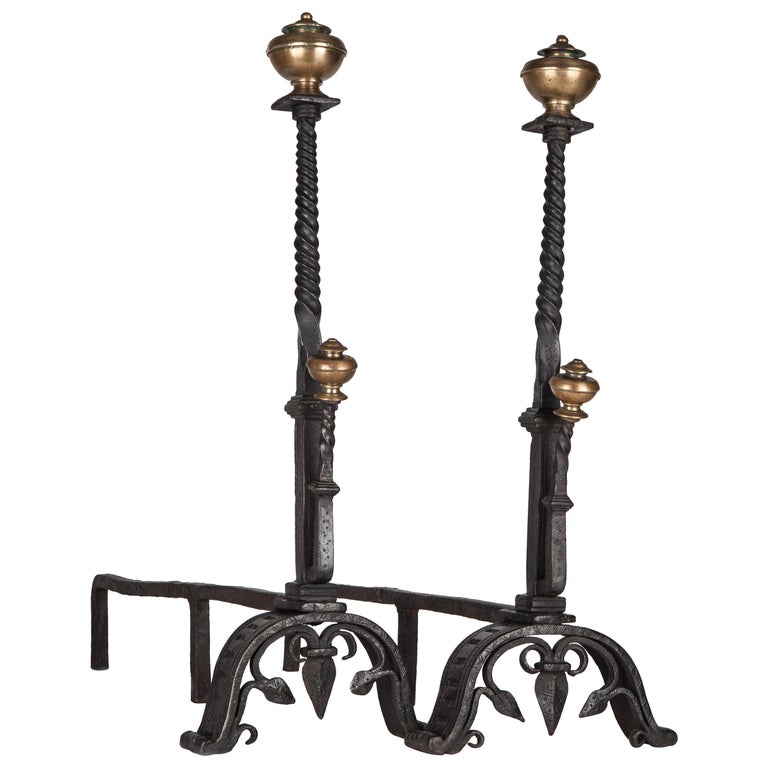 Gothic Wrought Iron Andirons with Scrolled Feet and Brass