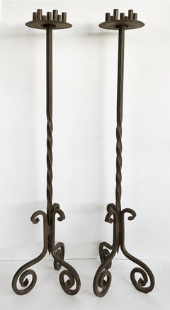 Gothic Wrought Iron Candelabras For Seven Candles, Twisted Stems & Tripod Bases
