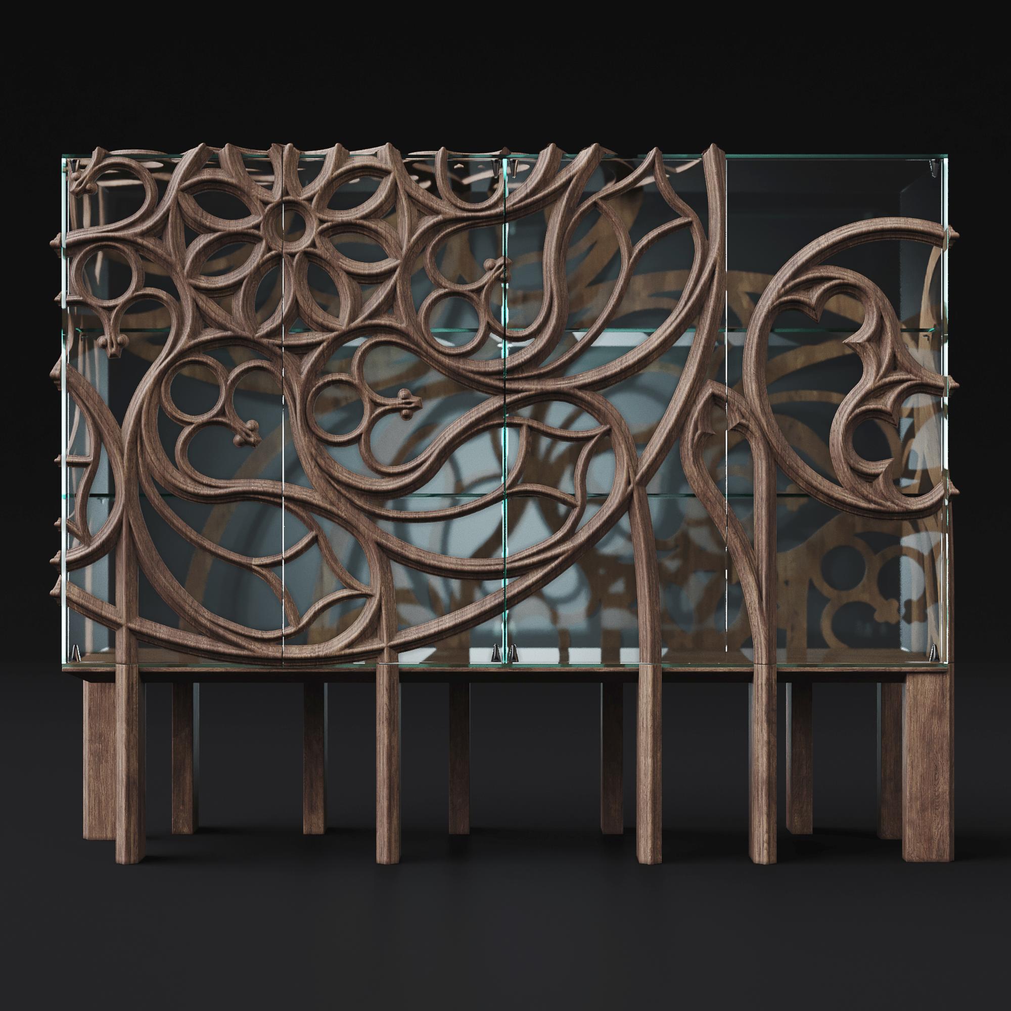 GOTHIK/A Glass Cabinet with Oak Wood Decorations by Ferruccio Laviani In New Condition For Sale In Lentate sul Seveso, Monza e Brianza