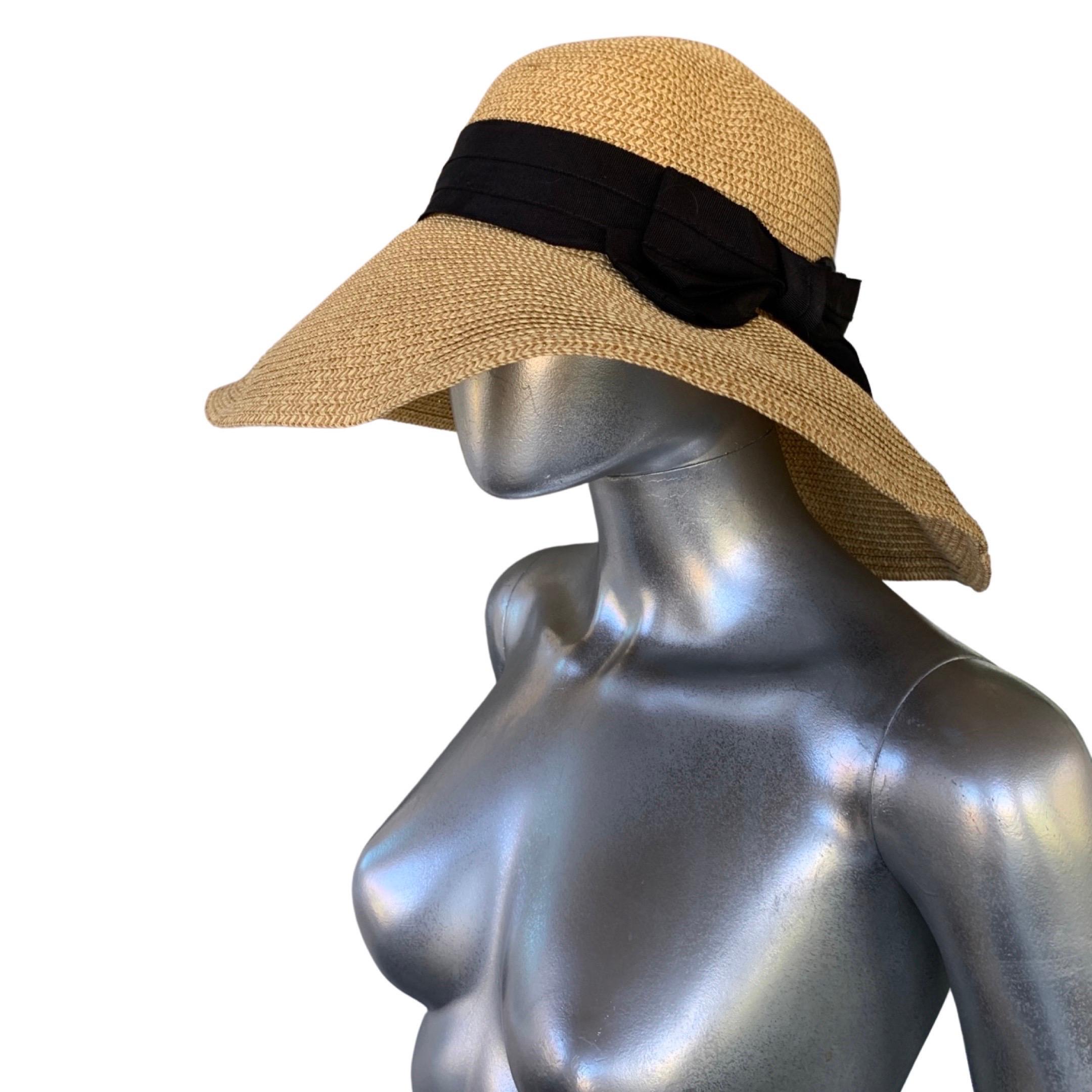 Women's Gottex Fashion Straw Color Hat with Chic Black Bow Flexible Brim 