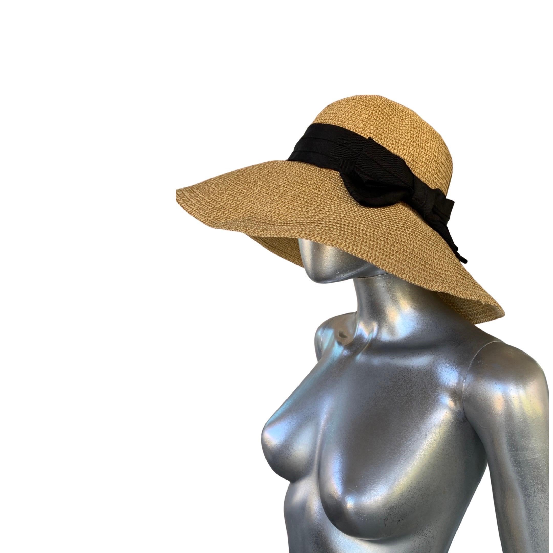 Gottex Fashion Straw Color Hat with Chic Black Bow Flexible Brim  2
