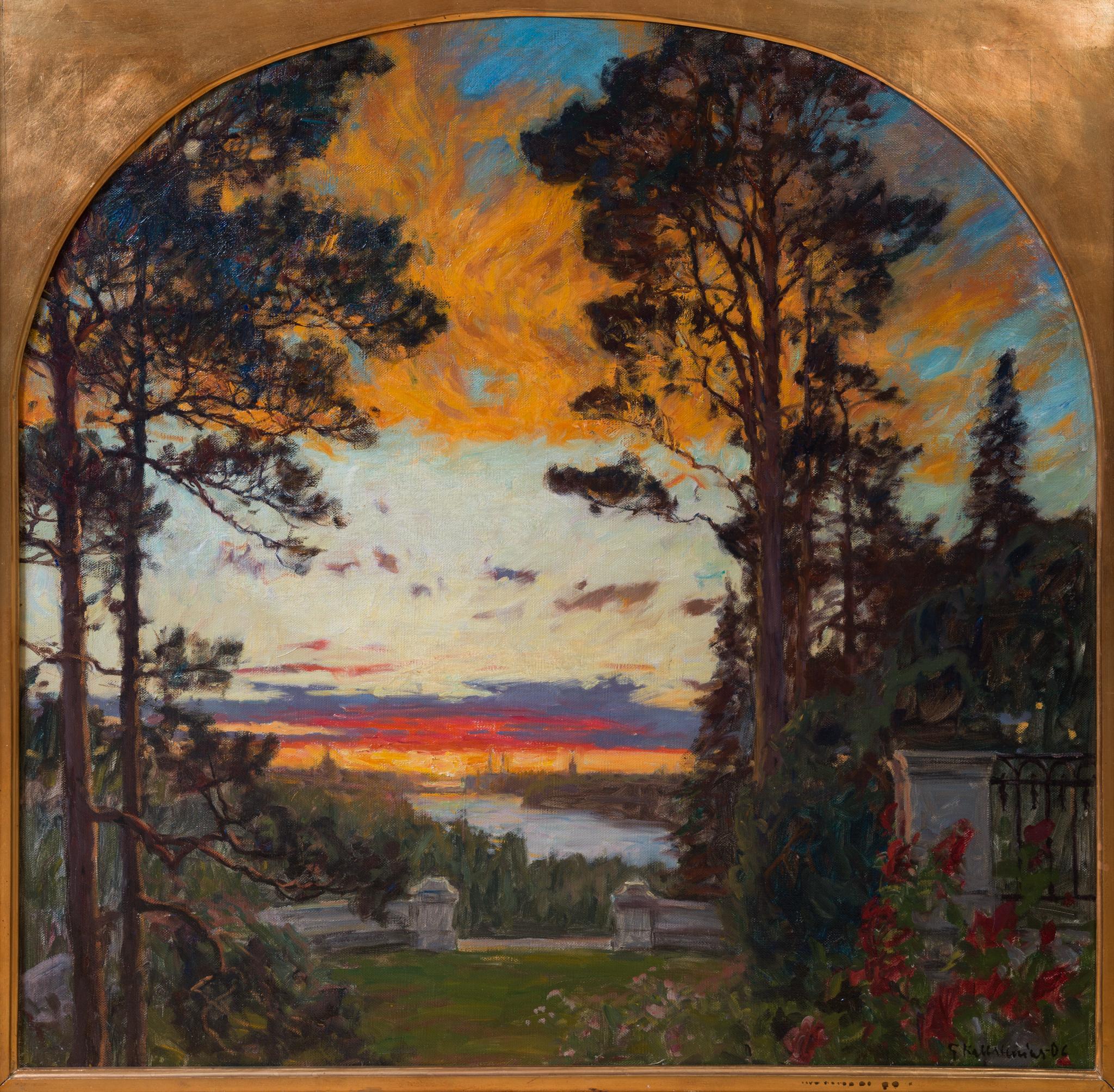 Vista de Estocolmo desde una terraza imaginaria, 1906 - Painting Romántico de Gottfrid Kallstenius 