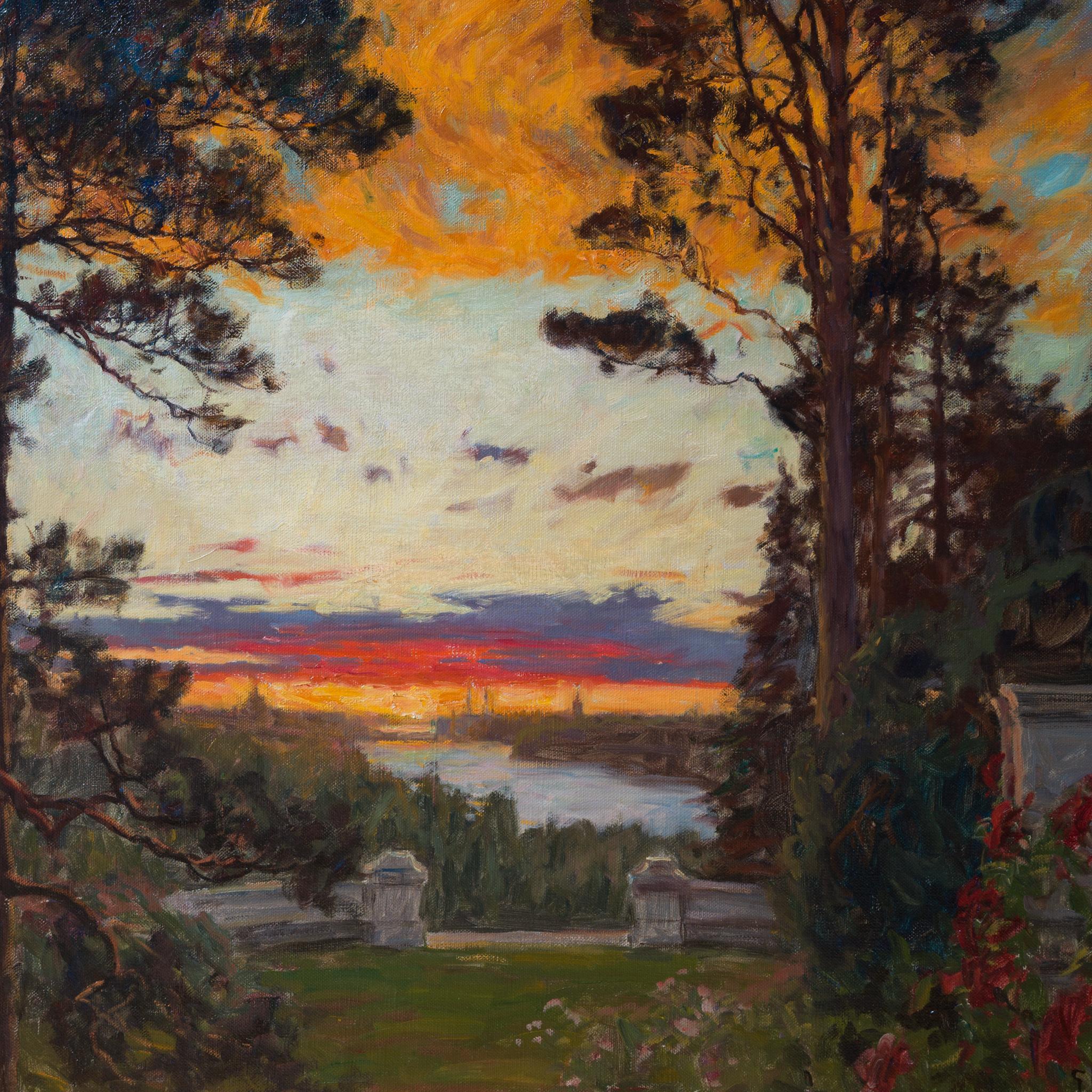 Vista de Estocolmo desde una terraza imaginaria, 1906 - Landscape Painting Negro de Gottfrid Kallstenius 