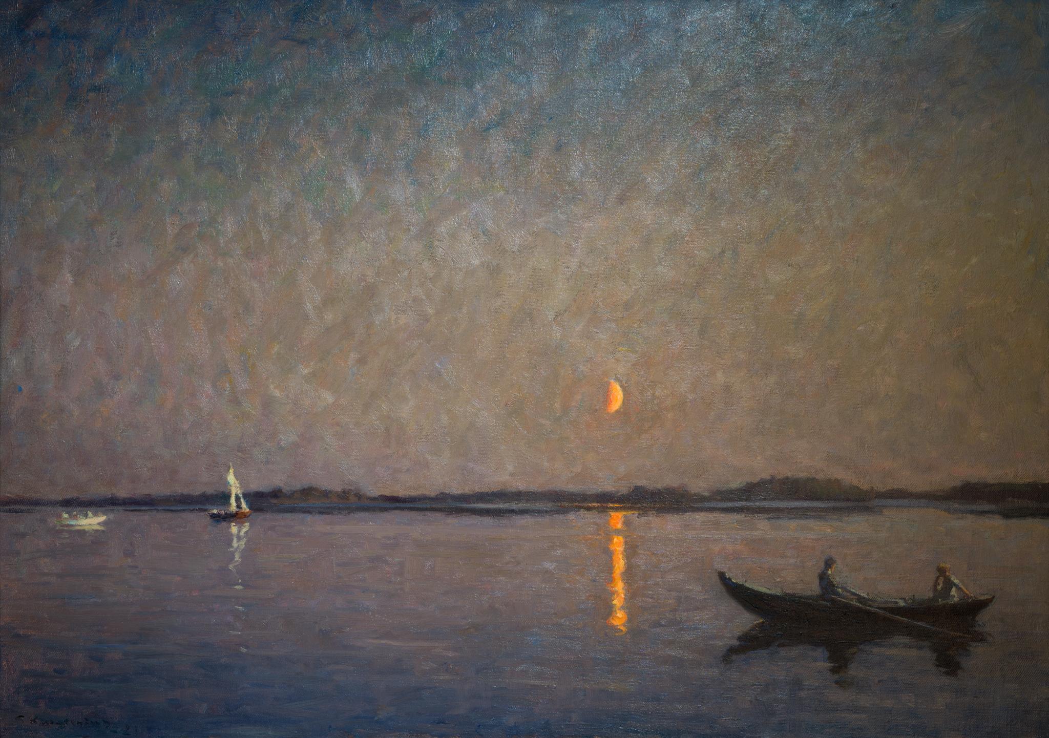 Gottfrid Kallstenius  Landscape Painting - Silent Night (Stilla natt), 1921, Large Moonlight Oil Painting