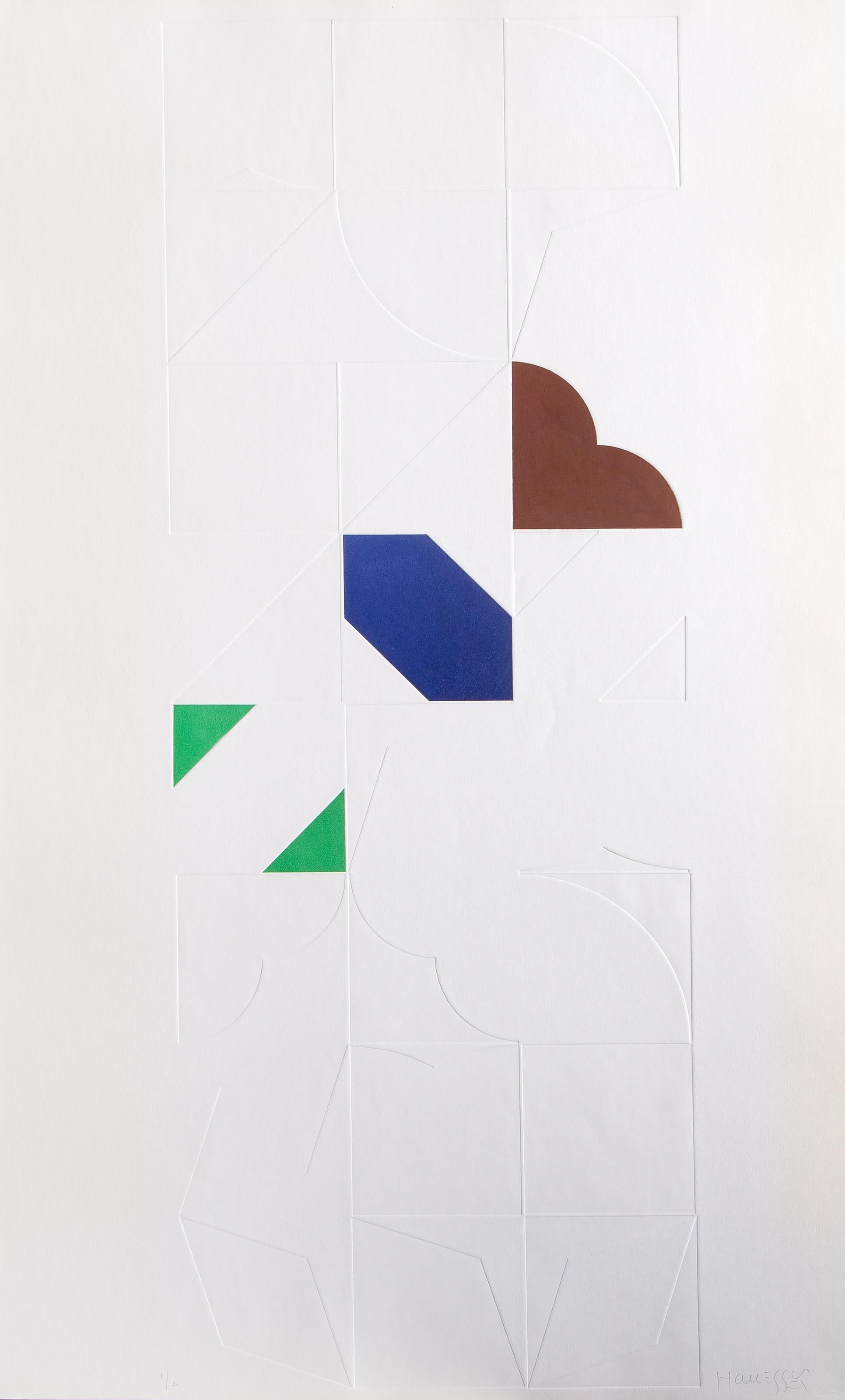 Composizione marrone, blu e verde, serigrafia geometrica astratta e calcografia