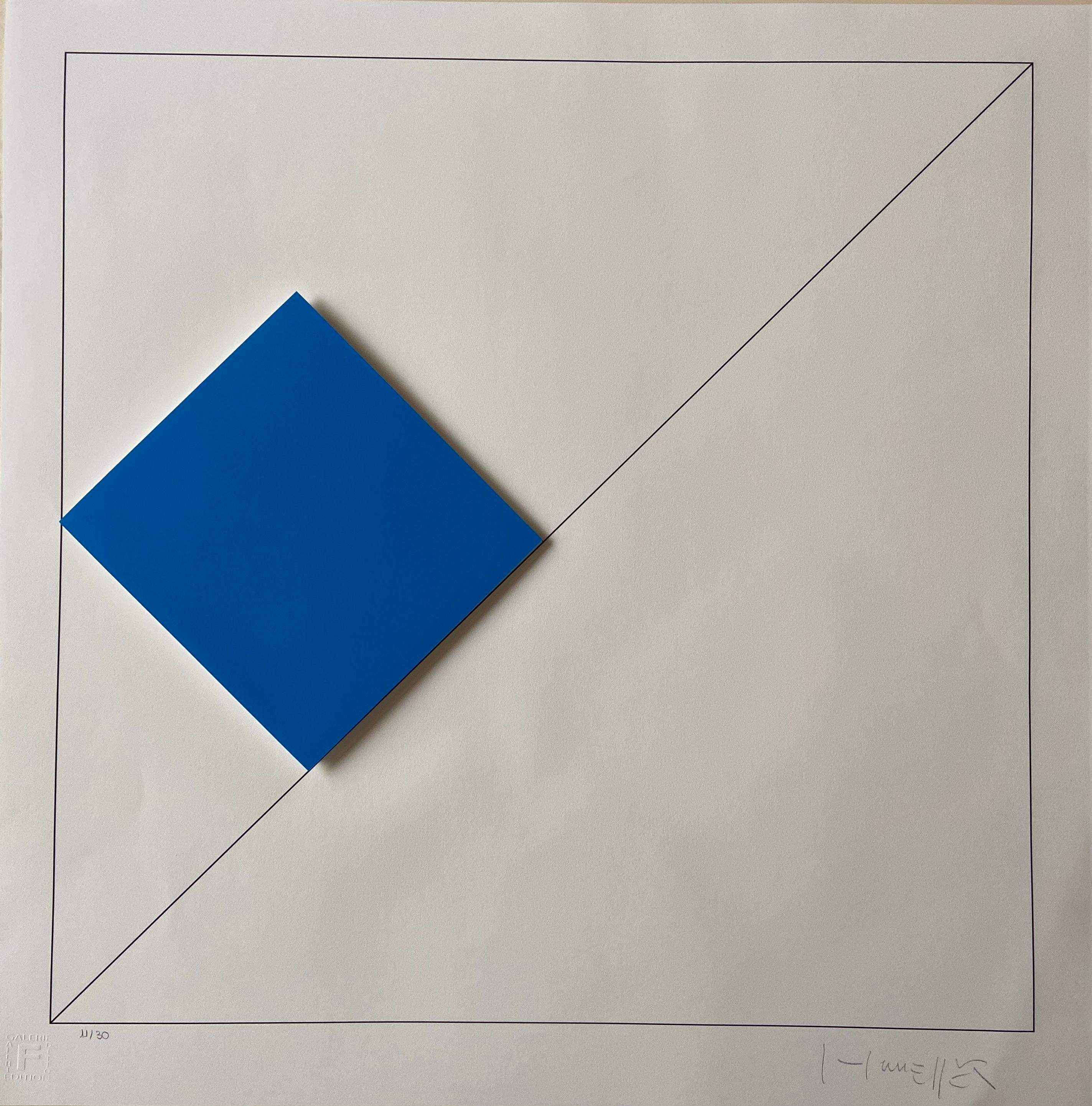 Gottfried Honegger
Composition 1 3D square (dark blue) 
2015
Silkscreen print signed in pencil and numbered on 30 copies by the artist.
Dry stamp of the publisher in the margin at the lower left corner.
Condition: excellent; the work has never been