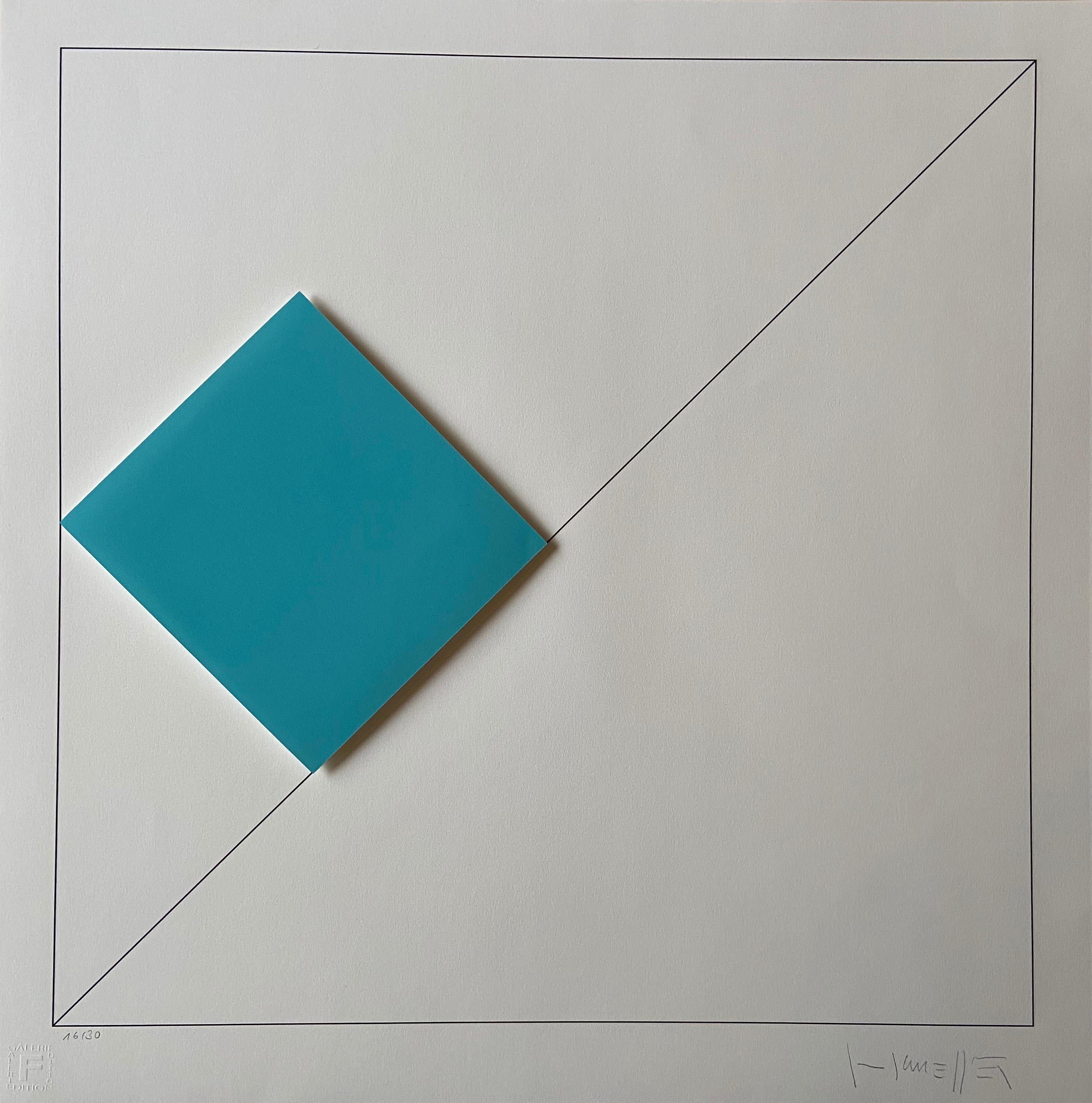 Gottfried Honegger
Composition 1 3D square (light blue) 
2015
Silkscreen print signed in pencil and numbered on 30 copies by the artist.
Dry stamp of the publisher in the margin at the lower left corner.
Condition: excellent; the work has never been