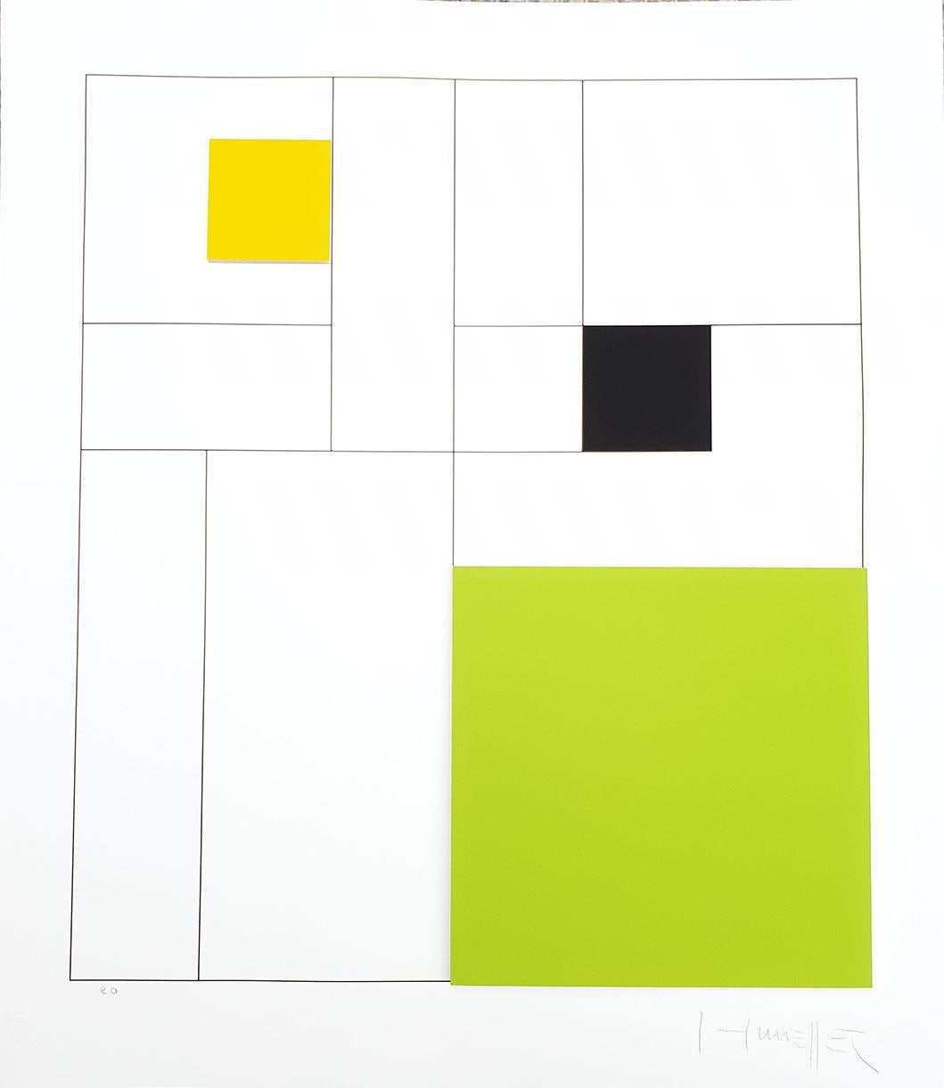 Gottfried Honegger
Composition 3 carrés 3D (vert, noir, jaune) 
2015 
Sérigraphie signée au crayon et marquée EA. 
Timbre sec de l'éditeur dans la marge, dans le coin inférieur gauche.
État : excellent ; l'œuvre n'a jamais été encadrée.
Support :