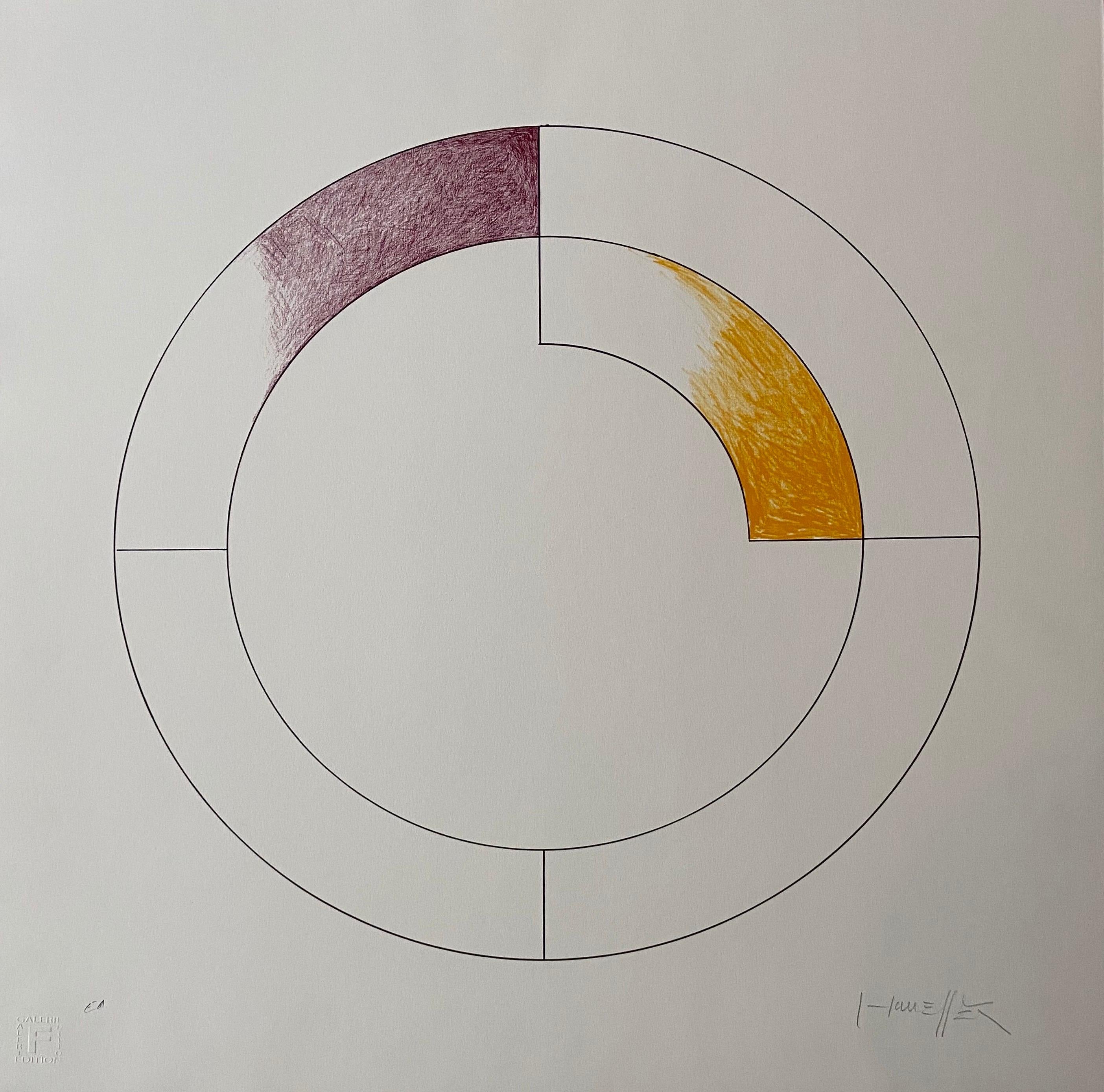 Gottfried Honegger 
Composition 3 (purple and yellow)  
2015 
Original serigraph signed in pencil.
Dry stamp of the publisher in the margin at the lower left corner.
Marked EA and signed by the artist.
Limited edition of 50 copies. 
Condition: